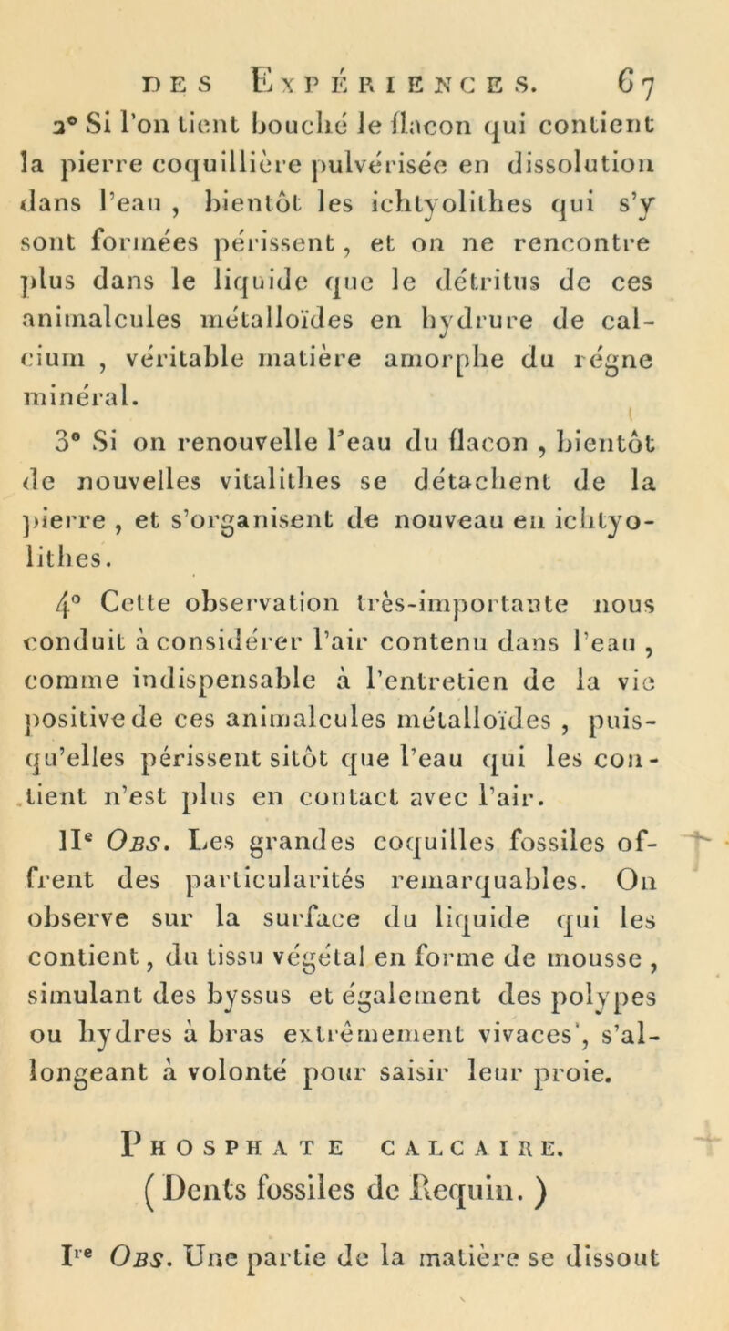 3° Si l’on tient bouché le flacon qui contient la pierre coquillière pulvérisée en dissolution dans l’eau , bientôt les ichtyolithes qui s’y sont formées périssent 7 et on ne rencontre plus dans le liquide que le détritus de ces animalcules métalloïdes en hydrure de cal- cium , véritable matière amorphe du régne minéral. 1 3° Si on renouvelle Teau du flacon , bientôt de nouvelles vitalithes se détachent de la pierre , et s’organisent de nouveau en ichtyo- lithes . 4° Cette observation très-importante nous conduit à considérer l’air contenu dans l’eau , comme indispensable à l’entretien de la vie positive de ces animalcules métalloïdes , puis- qu’elles périssent sitôt c[ue l’eau qui les con- tient n’est plus en contact avec l’air. IIe Obs. Les grandes coquilles fossiles of- frent des particularités remarquables. On observe sur la surface du liquide qui les contient 7 du tissu végétal en forme de mousse , simulant des byssus et également des polypes ou hydres à bras extrêmement vivaces , s’al- longeant à volonté pour saisir leur proie. Phosphate calcaire. ( Dents fossiles de Requin. ) I1'* Obs. Une partie de la matière se dissout