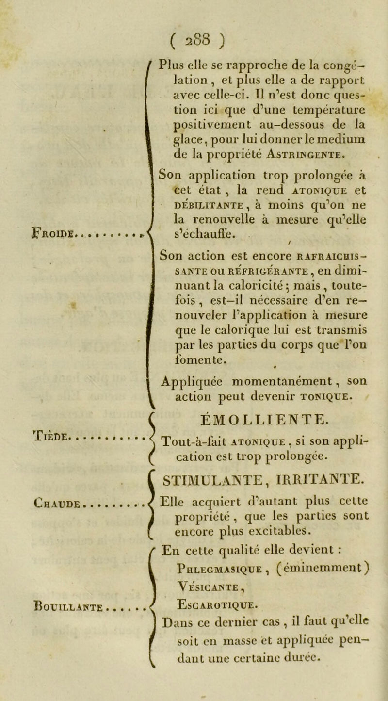 Froide Tiède Chaude Bouillante ( 288 ) P1 us elle se rapproche de la congé- lation , et plus elle a de rapport avec celle-ci. 11 n’est donc ques- tion ici que d’une température positivement au-dessous de la (glace, pour lui donner le medium de la propriété Astringente. Son application trop prolongée à cet état , la rend atoniqtje et débilitante , à moins qu’on ne la renouvelle à mesure qu’elle \ s’échauffe. Son action est encore rafraîchis- sante ou refriue'rante , en dimi- nuant la caloricité; mais, toute- fois , est—il nécessaire d’en re- nouveler l’application à mesure que le calorique lui est transmis par les parties du corps que l’on fomente. Appliquée momentanément, son action peut devenir tonique. .5 EMOLLIENTE. Tout-à-fait atonique , si son appli- cation est trop prolongée. STIMULANTE, IRRITANTE. Elle acquiert d’autant plus celte propriété , que les parties sont encore plus excitables. En cette qualité elle devient : PnLEGMASiQUE, (éminemment) Vèsicante , Escarotique. Dans ce dernier cas , il faut qu’elle soit en niasse et appliquée pen- dant une certaine durée.