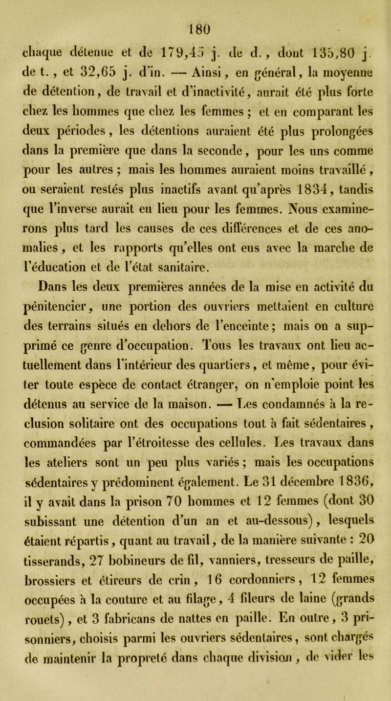 chaque détenue et de 179,45 j. de d., dont 135,80 j de t. , et 32,65 j. d'in. — Ainsi, en général, la moyenne de détention, de travail et d’inactivité, aurait été plus forte chez les hommes que chez les femmes ; et en comparant les deux périodes, les détentions auraient été plus prolongées dans la première que dans la seconde, pour les uns comme pour les autres ; mais les hommes auraient moins travaillé , ou seraient restés plus inactifs avant qu’après 1834, tandis que l’inverse aurait eu lieu pour les femmes. Nous examine- rons plus tard les causes de ces différences et de ces ano- malies , et les rapports qu’elles ont eus avec la marche de l’éducation et de l’état sanitaire. Dans les deux premières années de la mise en activité du pénitencier, une portion des ouvriers mettaient en culture des terrains situés en dehors de l’enceinte ; mais on a sup- primé ce genre d’occupation. Tous les travaux ont lieu ac- tuellement dans l’intérieur des quartiers, et même, pour évi- ter toute espèce de contact étranger, on n’emploie point les détenus au service de la maison. — Les condamnés à la ré- clusion solitaire ont des occupations tout à fait sédentaires, commandées par l’étroitesse des cellules. Les travaux dans les ateliers sont un peu plus variés ; mais les occupations sédentaires y prédominent également. Le 31 décembre 1836, il y avait dans la prison 70 hommes et 12 femmes (dont 30 subissant une détention d’un an et au-dessous), lesquels étaient répartis, quant au travail, de la manière suivante : 20 tisserands, 27 bobineurs de fil, vanniers, tresseurs de paille, brossiers et étireurs de crin, 1 6 cordonniers , 12 femmes occupées à la couture et au filage, 4 fileurs de laine (grands rouets), et 3 fabricans de nattes en paille. En outre, 3 pri- sonniers, choisis parmi les ouvriers sédentaires, sont chargés de maintenir la propreté dans chaque division, de vider les