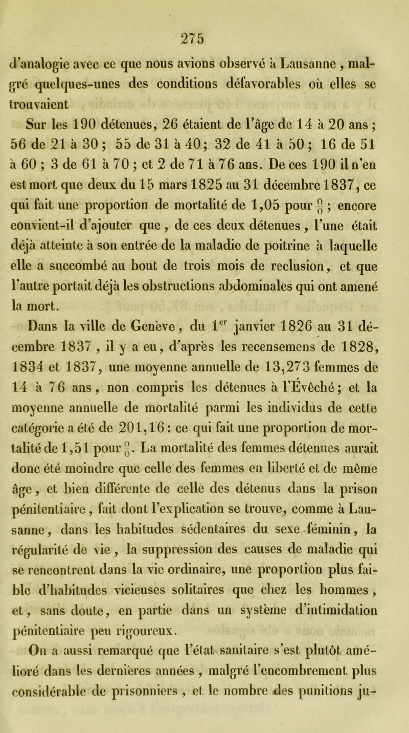 d’analogie avec ce que nous avions observé a Lausanne , mal- gré quelques-unes des conditions défavorables où elles se trouvaient Sur les 190 détenues, 26 étaient de l’âge de 14 à 20 ans ; 56 de 21 à 30 ; 55 de 31 à 40; 32 de 41 à 50 ; 16 de 51 à 60 ; 3 de 61 h 70 ; et 2 de 71 à 76 ans. De ces 190 il n’en est mort, que deux du 15 mars 1825 au 31 décembre 1837, ce qui fait une proportion de mortalité de 1,05 pour ; encore convient-il d’ajouter que , de ces deux détenues , l’une était déjà atteinte à son entrée de la maladie de poitrine à laquelle elle a succombé au bout de trois mois de réclusion, et que l’autre portait déjà les obstructions abdominales qui ont amené la mort. Dans la ville de Genève, du 1er janvier 1826 au 31 dé- cembre 1837 , il y a eu, d’après les recensemens de 1828, 1834 et 1837, une moyenne annuelle de 13,273 femmes de 14 5 76 ans, non compris les détenues à l'Évêché ; et la moyenne annuelle de mortalité parmi les individus de cette catégorie a été de 201,16 : ce qui fait une proportion de mor- talité de 1,51 pour La mortalité des femmes détenues aurait donc été moindre que celle des femmes en liberté et de même âge, et bien différente de celle des détenus dans la prison pénitentiaire, fait dont l’explication se trouve, comme à Lau- sanne , dans les habitudes sédentaires du sexe féminin, la régularité de vie, la suppression des causes de maladie qui se rencontrent dans la vie ordinaire, une proportion plus fai- ble d’habitudes vicieuses solitaires que chez les hommes, et, sans doute, en partie dans un système d’intimidation pénitentiaire peu rigoureux. On a aussi remarqué que l’élat sanitaire s’est plutôt amé- lioré dans les dernières années , malgré l’encombrement plus considérable de prisonniers , cl le nombre des punitions ju-