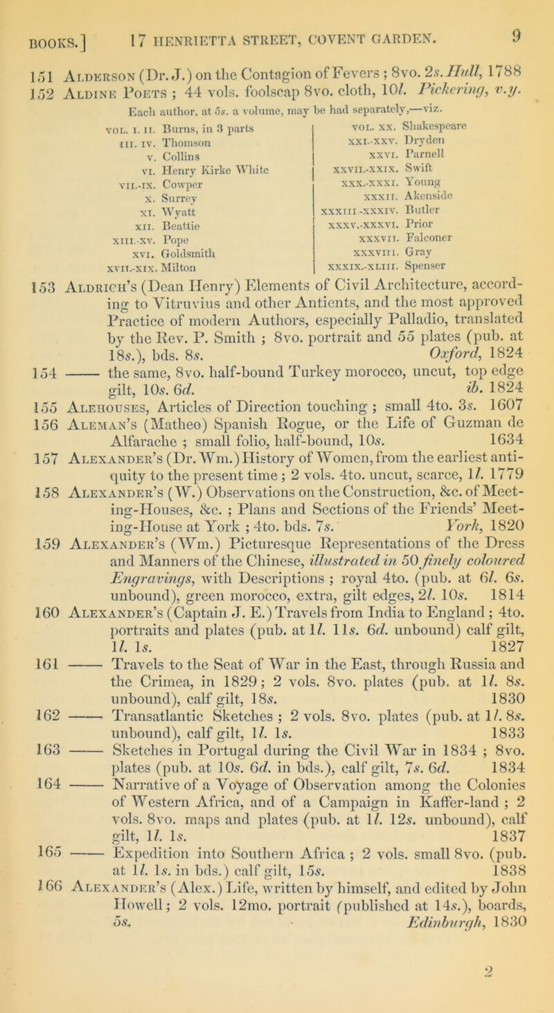 151 Alderson (Dr. J.) on the Contagion of Fevers; 8vo. 2s. Hull, 1788 152 Aldine Poets ; 44 vols. foolscap 8vo. cloth, 10/. Piclicring, v.y. Each author, at 5s. a volume, may he had separately,—viz. vol. xx. Shakespeare xxi-xxv. Dryden xxvi. Parnell xxvii.-xxix. Swift xxx.-xxxi. Young xxxii. Akensido xxxiii -xxxiv. Butler xxxv.-xxxvi. Prior xxxvii. Falconer xxxviri. Gray xxxix.-xliii. Spenser 153 Aldrich’s (Dean Henry) Elements of Civil Architecture, accord- ing to Vitruvius and other Antients, and the most approved Practice of modern Authors, especially Palladio, translated by the Rev. P. Smith ; 8vo. portrait and 55 plates (pub. at 18s.), bds. 8s. Oxford, 1824 154 the same, 8vo. half-bound Turkey morocco, uncut, top edge gilt, 10s. 6d. ib. 1824 155 Alehouses, Articles of Direction touching ; small 4to. 3s. 1607 156 Aleman’s (Matheo) Spanish Rogue, or the Life of Guzman de vol. i. ii. Burns, in 3 parts hi. iv. Thomson v. Collins vi. Henry Kirke White vii.-ix. Cowper x. Surrey xi. Wyatt xii. Beattie xiii.-xv. Pope xvi. Goldsmith xvit.-xix. Milton Alfarache ; small folio, half-bound, 10s. 1634 157 Alexander’s (Dr. Wm.) History of Women, from the earliest anti- quity to the present time ; 2 vols. 4to. uncut, scarce, 1/. 1779 158 Alexander’s (W.) Observations on the Construction, &c. of Meet- ing-Houses, &c. ; Plans and Sections of the Friends’ Meet- ing-House at York ; 4to. bds. 7s. York, 1820 159 Alexander’s (Win.) Picturesque Representations of the Dress and Manners of the Chinese, illustrated in 50 finely coloured Engravings, with Descriptions ; royal 4to. (pub. at 6/. 6s. unbound), green morocco, extra, gilt edges, 21. 10s. 1814 160 Alexander’s (Captain J. E.) Travels from India to England ; 4to. portraits and plates (pub. at 1/. 11s. 6d. unbound) calf gilt, 1/. Is. 1827 Travels to the Seat of War in the East, through Russia and the Crimea, in 1829; 2 vols. 8vo. plates (pub. at 1/. 8s. unbound), calf gilt, 18s. 1830 Transatlantic Sketches ; 2 vols. 8vo. plates (pub. at 1/. 8s. unbound), calf gilt, 1/. Is. 1833 Sketches in Portugal during the Civil War in 1834 ; 8vo. plates (pub. at 10s. 6d. in bds.), calf gilt, 7s. 6d. 1834 Narrative of a Voyage of Observation among the Colonies of Western Africa, and of a Campaign in lvaffer-land ; 2 vols. 8vo. maps and plates (pub. at 1/. 12s. unbound), calf gilt, 1/. Is. 1837 Expedition into Southern Africa ; 2 vols. small 8vo. (pub. at 1/. Is. in bds.) calf gilt, 15s. 161 162 163 164 165 1838 166 Alexander’s (Alex.) Life, written by himself, and edited by John Howell; 2 vols. 12mo. portrait (published at 14s.), boards, 5s. Edinburgh, 1830 o