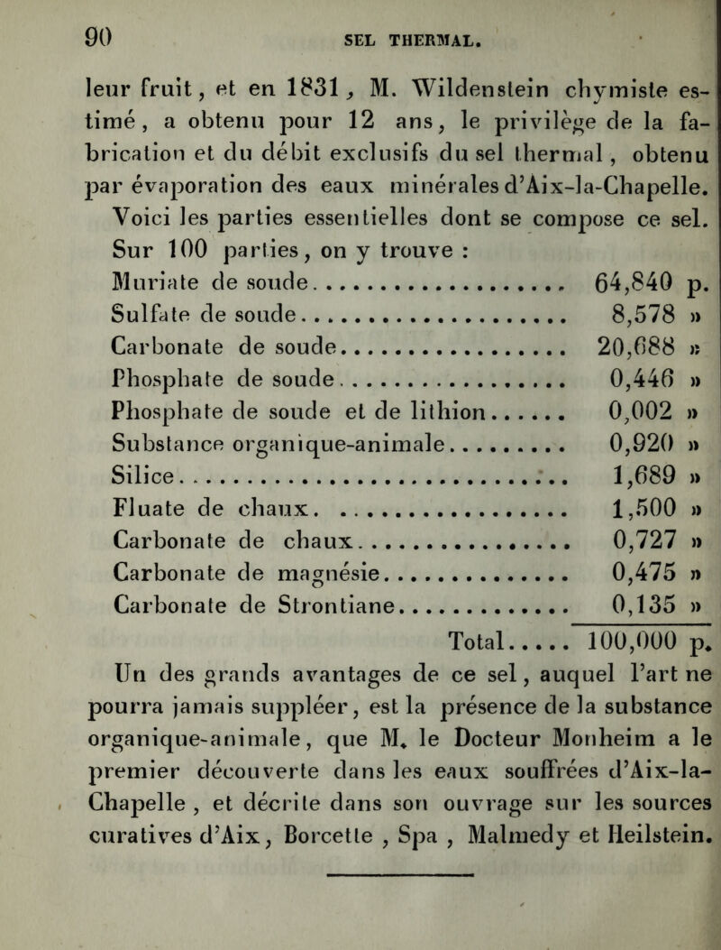 leur fruit, et en 1831^ M. Wildenstein chymisle es- timé, a obtenu pour 12 ans, le privilège de la fa- brication et du débit exclusifs du sel thermal, obtenu par évaporation des eaux minérales d’Aix-la-Chapelle. Voici les parties essentielles dont se compose ce sel. Sur 100 parties, on y trouve : Bluriate de soude 64,840 p. Sulfate de soude 8,578 » Carbonate de soude 20,688 » Phosphate de soude 0,446 » Phosphate de soude et de lilhion 0,002 )> Substance organique-animale 0,920 )> Silice 1,689 » Fluate de chaux 1,500 » Carbonate de chaux 0,727 » Carbonate de magnésie 0,475 » Carbonate de Strontiane 0,135 » Total 100,000 p. Un des grands avantages de ce sel, auquel l’art ne pourra jamais suppléer, est la présence de la substance organique-animale, que M» le Docteur Monheim a le premier découverte dans les eaux soufFrées d’Aix-la- Chapelle , et décrite dans son ouvrage sur les sources curatives d’Aix, Borcetle , Spa , Malmedy et Meilstein.