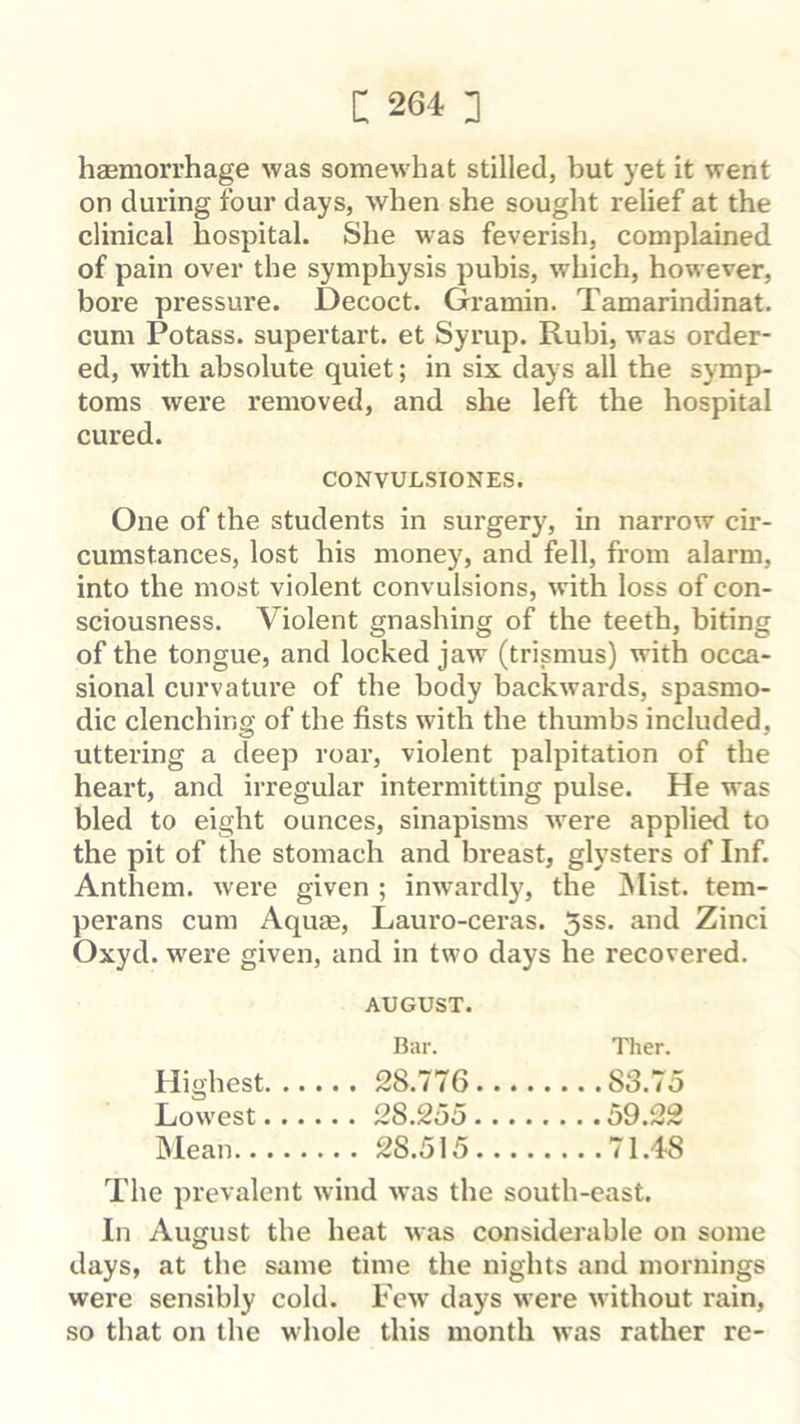 haemorrhage was somewhat stilled, but yet it went on during four days, when she sought relief at the clinical hospital. She was feverish, complained of pain over the symphysis pubis, which, however, bore pressure. Decoct. Gramin. Tamarindinat. cum Potass, supertart, et Syrup. Rubi, was order- ed, with absolute quiet; in six days all the symp- toms were removed, and she left the hospital cured. CONVULSIONES. One of the students in surgery, in narrow cir- cumstances, lost his money, and fell, from alarm, into the most violent convulsions, with loss of con- sciousness. Violent gnashing of the teeth, biting of the tongue, and locked jaw (trismus) with occa- sional curvature of the body backwards, spasmo- dic clenching of the fists with the thumbs included, uttering a deep roar, violent palpitation of the heart, and irregular intermitting pulse. He was bled to eight ounces, sinapisms were applied to the pit of the stomach and breast, glysters of Inf. Anthem, were given ; inwardly, the !Mist. tem- perans cum Aquse, Lauro-ceras. 5ss. and Zinci Oxyd. w'ere given, and in two days he recovered. AUGUST. Bar. Ther. Highest. ... ... 28.776.... ....83.75 Lowest.... ... 28.2d5 .%Q OQ jMean ... 28.515.... ....71.48 The prevalent wind was the south-east. In August the heat was considerable on some days, at the same time the nights and mornings were sensibly cold. Fe\v days were without rain, so that on the whole this month was rather re-