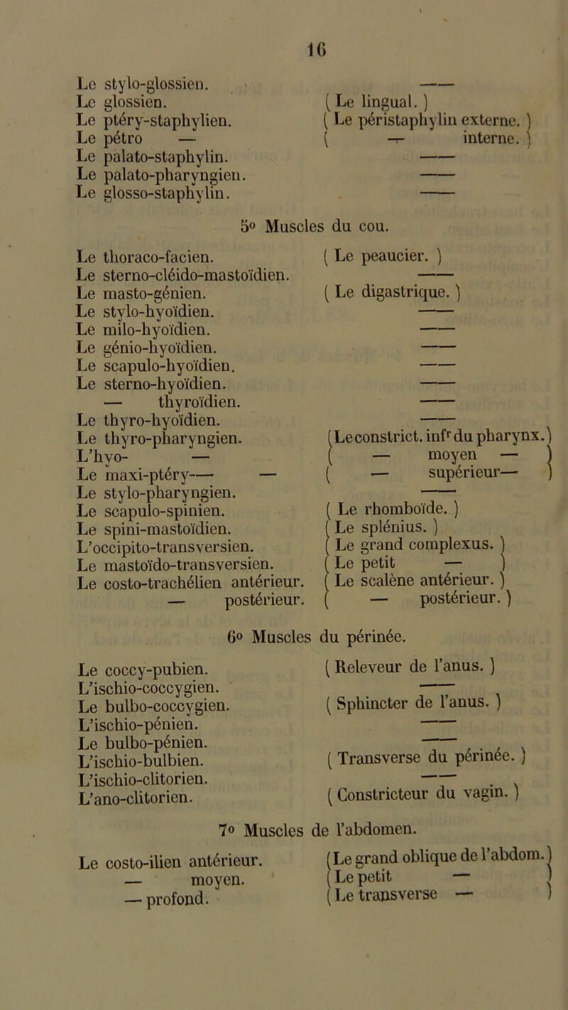 Le stylo-glossien. Le glossien. (Le lingual.) Le ptéry-staphylien. ( Le péristaphylin externe. ) Le pétro — ( -r- interne. ) Le palato-staphylin. Le palato-pharyngien. Le glosso-staphylin. 5° Muscles du cou. Le thoraco-facien. Le sterno-cléido-mastoïdien. Le masto-génien. Le stylo-hyoïdien. Le milo-hyoïdien. Le génio-hyoïdien. Le scapulo-hyoïdien. Le sterno-hyoïdien. — thyroïdien. Le thyro-hyoïdien. Le thyro-pharyngien. L’hyo- — Le maxi-ptéry— — Le stylo-pharyngien. Le scapulo-spinien. Le spini-mastoïdien. L’occipito-transversien. Le mastoïdo-transversien. Le costo-trachélien antérieur. — postérieur. ( Le peaucier. ) ( Le digastrique. ) (Leconstrict. infr du pharynx.) ( — moyen — ) ( •— supérieur— ) ( Le rhomboïde. ) ( Le splénius. ) ( Le grand complexus. ) ( Le petit — ) ( Le scalène antérieur. ) ( — postérieur. ) 6° Muscles du périnée. Le coccy-pubien. L’ischio-coccygien. Le bulbo-coccygien. L’ischio-pénien. Le bulbo-pénien. L’ischio-bulbien. L’ischio-clitorien. L’ano-clitorien. 7° Muscles Le costo-ilien antérieur. — moyen. — profond. ( Releveur de l’anus. ) ( Sphincter de l’anus. ) ( Transverse du périnée. ) ( Constricteur du vagin. ) de l’abdomen. (Le grand oblique de l’abdom.) ( Le petit — ( Le transverse — )