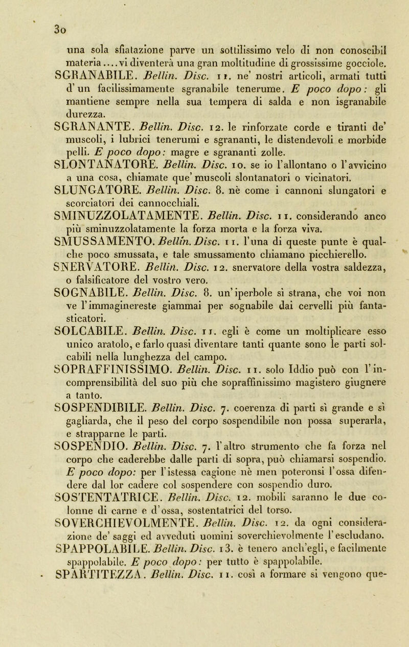 lina sola sfìalazione parve un sottilissimo velo di non conoscibil materia — vi diventerà una gran moltitudine di grossissime gocciole. vSGBANABILE. Bellin. Disc. 11. ne’ nostri articoli, armati tutti d un facilissimamente sgranatile tenerume. E poco dopo: gli mantiene sempre nella sua tempera di salda e non isgranabile durezza. SGRANANTE. Bellin. Disc. 12. le rinforzate corde e tiranti de’ muscoli, i lubrici tenerumi e sgrananti, le distendevoli e morbide pelli. E poco dopo : magre e sgrananti zolle. SLONTANATORE. Bellin. Disc. io. se io l’allontano o l’avvicino a una cosa, chiamate que’muscoli slontanatori o vicinatori. SLUNGATORE. Bellin. Disc. 8. nè come i cannoni slungatori e scorciatoia dei cannocchiali. SMINUZZOLATAMENTE. Bellin. Disc. 11. considerando anco più sminuzzolatamente la forza morta e la forza viva. SMUSSAMENTO. Bellin. Disc. 11. l’una di queste punte è qual- che poco smussata, e tale smussamente chiamano picchierello. SNERVATORE. Bellin. Disc. 12. snervalore della vostra saldezza, o falsificatore del vostro vero. SOGNABILE. Bellin. Disc. 8. un’iperbole sì strana, che voi non ve l’immaginereste giammai per sognabile dai cervelli più fanta- sticatori. SOLCABILE. Bellin. Disc. 11. egli è come un moltiplicare esso unico aratolo, e farlo quasi diventare tanti quante sono le parti sol- cabili nella lunghezza del campo. SOPRAFFINISSIMO. Bellin. Disc. 11. solo Iddio può con l’in- comprensibilità del suo più che sopraffinissimo magistero giugnere a tanto. SOSPENDIBILE. Bellin. Disc. 7. coerenza di parti sì grande e sì gagliarda, che il peso del corpo sospendibile non possa superarla, e strapparne le parti. SOSPENDIO. Bellin. Disc. 7. l’altro strumento che fa forza nel corpo che caderebbe dalle parti di sopra, può chiamarsi sospendio. E poco dopo: per l’istessa cagione nè men poteronsi Tossa diteli- dere dal lor cadere col sospendere con sospendio duro. SOSTENTATRICE. Bellin. Disc. 12. mobili saranno le due co- lonne di carne e d’ossa, sostentatrici del torso. SOVERCHIEVOLMENTE. Bellin. Disc. 12. da ogni considera- zione de’saggi ed avveduti uomini sovercliievolmente l’escludano. SPAPPOLATILE. Bellin. Disc. i3. è tenero anch’egli, e facilmente spappolabile. E poco dopo: per tutto è spappolabile. SPARTITEZZA. Bellin. Disc. 11. così a formare si vengono que-
