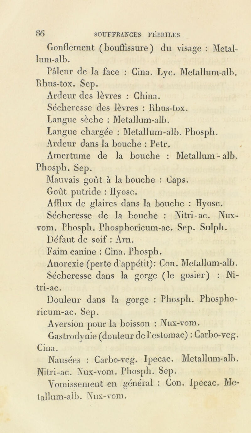 Gonflement (bouffissure) du visage : Metal- lum-alb. Paleur de la facc : Cina. Lyc. Metallum-alb. Rhus-tox. Sep. Ardeur des levres : China. Secberessc des levres : Rhus-tox. Langue seebe : Metallum-alb. Langue chargee : Metallum-alb. Phosph. Ardeur dans la bouche : Petr. Amertume de la bouche : Metallum - alb. Pb ospli. Sep. Mauvais goüt a la bouche : Caps. Goüt putride : Ilyosc. Afflux de glaires dans la bouche : Hyosc. Secberessc de la bouche : Nitri-ac. Nux- vom. Phosph. Phosphoricum-ac. Sep. Sulph. Defaut de soif : Ara. Faim canine : Cina. Phosph. Anorexie (perte d’appetit): Con. Metallum-alb. Secheresse dans la gorge (le gosier) : Ni- tri-ac. Doulcur dans la gorge : Phosph. Phospho- ricum-ac. Sep. Aversion pour la boisson : Nux-vom. Gastrodynie (douleur de l’estomac) : Garbo-veg. Cina. Nause'es : Carbo-veg. Ipccac. Metallum-alb. Nitri-ac. Nux-vom. Phosph. Sep. Vomissement en general : Con. Ipccac. Me- tallum-alb. Nux-vom.