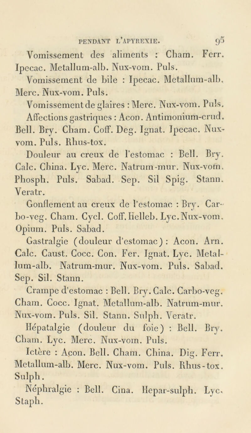 Vomissement des aliments : Cham. Fcrr. Ipecac. Metallum-alb. Nux-vom. Puls. Vomissement de bile : Ipecac. Metallum-alb. Biere. Nux-vom. Puls. Vomissement de glaires : Biere. Nux-vom. Puls. AfTeetions gastriques : Acon. Antimonium-crud. Bell. Bry. Cham. Coflf. Deg. Ignat. Ipecac. Nux- vom. Puls. Rhus-tox. Douleur au creux de Pcstomac : Bell. Bry. Calc. China. Lyc. Biere. Natrum-mur. Nux-vom. Phosph. Puls. Sabad. Sep. Sil Spig. Staun. Veratr. Gonflement au creux de l’estomac : Bry. Car-' bo-veg. Cham. Cycl. Coff. Kclicb. Lyc.Nux-vom. Opium. Puls. Sabad. Gastralgie (douleur d’estomac) : Acon. Arn. Calc. Caust. Cocc. Con. Fer. Ignat. Lyc. Bletal- lum-alb. Natrum-mur. Nux-vom. Puls. Sabad. Sep. Sil. Stann. Crampe d’estomac : Bell. Bry. Calc. Carbo-veg. Cham. Cocc. Ignat. Metallum-alb. Natrum-mur. Nux-vom. Puls. Sil. Stann. Sulph. Veratr. Ilepatalgie (douleur du foie) : Bell. Bry. Cham. Lyc. Biere. Nux-vom. Puls. Ictere : Acon. Bell. Cham. China. Dig. Fcrr. Metallum-alb. Biere. Nux-vom. Puls. Rhus-tox. Sulph. Nephralgie : Bell. Cina. Hepar-sulph. Lvc. Staph.