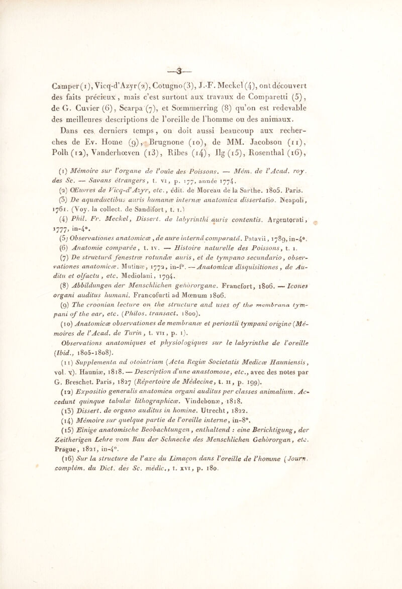 Camper(i), Vicq-d’Àzyr (2), Cotugno(3), J.-F. Meckel (4), ont découvert des faits précieux , niais c’est surtout aux travaux de Comparetti (5), de G. Cuvier (6), Scarpa (7), et Sœmmerrîng (8) qu’on est redevable des meilleures descriptions de l’oreille de l’homme ondes animaux. Dans ces derniers temps, on doit aussi beaucoup aux recher- ches de Ev. Horne (9), Brugnone (10), de MM. Jacobson ( 11 ), Polh (12), Yanderhœven (i3) , Ribes (i4), Ilg (i5), Rosenthal (16), (1) Mémoire sur l’organe de l’ouïe des Poissons. —- Mém. de VAcad, roy, des Sc. — Savons étrangers, t. vi, p. 177, année 1774. (а) Œuvres de Vicq-d’Azyr, etc., édit, de Moreau delà Sarthe. i8o5. Paris. (3) De aquœductibus auris humanæ internœ anatomica dissertatio. jNeapoli, 1761. (\'oy. la collect. de Sandifort, t. 1.) (4) Phil. Fr. Meckel, Dissert, de labyrinthi auris contentis. Argentorati, 1777, in-4®. (5j Observationes anatomicce , de aure interna compa.ratâ. Patavii, 1789, in-4°- (б) Anatomie comparée, t. iv. *— Histoire naturelle des Poissons, t. 1. (7) De structura fenestrœ rotundæ auris, et de tympano secundario, obser- vationes anatomicce. Mutinæ, 177a, in-f°. —Anatomicce disquisitiones, de Au- ditu et olfactu , etc. Medioiani, 1794. (8) Abbildungen der Menschlichen gehororgane. Francfort, 1806. —Icônes organi auditus humani. Francofurti ad Mœnum )8o6. (9) The croonian lecture on the structure and uses of the mcmbrctna tym- pani of the ear, etc. (Philos. transact. 1800). (10) Anatomicce observationes de membranœ et periostii tympani origine (Mé- moires de VAcad, de Turin, t. vu, p. 1). Observations anatomiques et physiologiques sur le labyrinthe de l’oreille [Ibid., i8o5-i8o8). (11) Supplémenta ad otoiatriam (Acta Regice Societatis Medicce Hauniensis, vol. y). Hauniæ, 1818. — Description d’une anastomose, etc., avec des notes par G. Breschet. Paris, 1827 (.Répertoire de Médecine, t. 11, p. 199), (12) Expositio generalis anatomica organi auditus per classes animalium. Ac- cédant quinque tabulœ lithographicœ. Vindebonæ, 1818. (13) Dissert, de organo auditus in homine. Utrecht, 1822. (14) Mémoire sur quelque partie de l'oreille interne, in-8°, (15) Einige anatomische Beobachtungen, enthaltend : eine Berichtigung, der Zeitherigen Lehre vom Bau der Schnecke des Menschlichen Gehororgan, etc. Prague, 1821, in-4°. (16) Sur la structure de Vaxe du Limaçon dans l’oreille de l’homme ( Journ complém. du Dict. des Sc. mèdic., t. xvi, p. 180