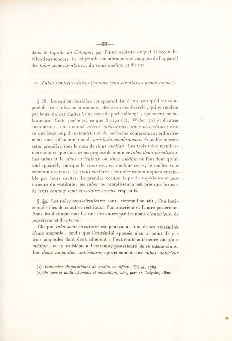 23'— dans le liquide de Coing no, par l’intermédiaire duquel il reçoit les vibrations sonores. Le labyrinthe membraneux se compose de l apparei i des tubes se mi-circulaire s, du sinus médian et du sac. a. Tubes semi-circulaires (canaux semi-circulaires membraneux). 48. Lorsqu’on considère cet appareil isolé , on voit qu’il est com- posé de trois tubes membraneux , fléchis en demi-cercle , qui se rendent par leurs six extrémités à une sorte de poche allongée, également mem- braneuse. Cette poche est ce que Scarpa (i), Weber (2) et d’autres anatomistes, ont nommé alveus utriculosus, sinus utriculosus ,* c’est ce que beaucoup d’anatomistes et de médecins comprennent ordinaire- ment sous la dénomination de vestibule membraneux. Nous désignerons cette première sous le nom de sinus médian. Les trois tubes membra- neux sont ce que nous avons proposé de nommer tubes demi-circulaires. Les tubes et le sinus utriculeux ou sinus médian ne font donc qu’un seul appareil, puisque le sinus est, en quelque sorte , le rendez-vous commun des tubes. Le sinus médian et les tubes communiquent ensem- ble par leurs cavités. Le premier occupe la partie supérieure et pos- térieure du vestibule ; les tubes 11e remplissent à peu près que le quart de leurs canaux semi-circulaires osseux respectifs. § 49* ^jGS tubes semi-circulaires sont, comme l’on sait , l’un hori- zontal et les deux autres verticaux; l’un antérieur et l’autre postérieur. Nous les distinguerons les uns des autres par les noms à' antérieur, de postérieur et dé externe. Chaque tube semi-circulaire est pourvu à l’une de ses extrémités d’une ampoule, tandis que l’extrémité opposée n’en a point. Il y a trois ampoules dont deux adhèrent à l’extrémité antérieure du sinus médian , et la troisième à l’extrémité postérieure de ce même sinus. Le6 deux ampoules antérieures appartiennent aux tubes antérieur (1) Anatomicœ disquisitiones de auditu et olfactu. Ticini, 178g. (2) De aure et auditu hominis et animalium, etc., pars 1“. Leipsiæ, 1820.