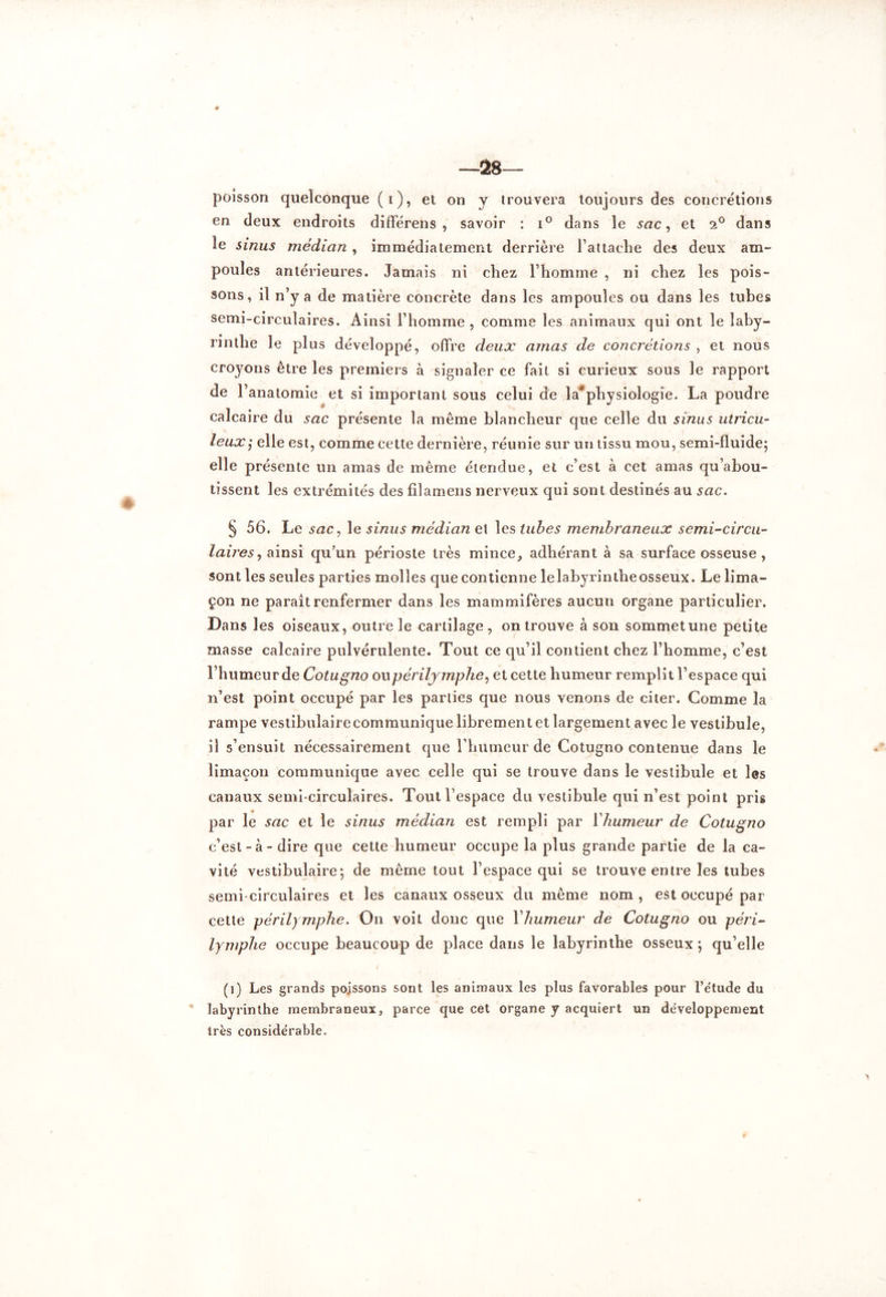 —28— poîsson quelconque (i), et on y trouvera toujours des concrétions en deux endroits différens , savoir : i° dans le sac, et 2° dans le sinus médian , immédiatement derrière l attache des deux am- poules antérieures. Jamais ni chez l’homme , ni chez les pois- sons, il n’y a de matière concrète dans les ampoules ou dans les tubes semi-circulaires. Ainsi l’homme , comme les animaux qui ont le laby- rinthe le plus développé, offre deux amas de concrétions , et nous croyons être les premiers à signaler ce fait si curieux sous le rapport de l’anatomie et si important sous celui de la*physiologîe. La poudre calcaire du sac présente la même blancheur que celle du sinus utricu- leux j elle est, comme cette dernière, réunie sur un tissu mou, semi-fluide; elle présente un amas de même étendue, et c’est à cet amas qu’abou- tissent les extrémités des filamens nerveux qui sont destinés au sac. § 56. Le sac, le sinus médian et les tubes membraneux semi-circu- laires , ainsi qu’un périoste très mince, adhérant à sa surface osseuse , sont les seules parties molles que contienne lelabyrintheosseux. Le lima- çon ne parait renfermer dans les mammifères aucun organe particulier. Dans les oiseaux, outre le cartilage , on trouve à son sommet une petite masse calcaire pulvérulente. Tout ce qu’il contient chez l’homme, c’est l’humeur de Cotugno owpériljmphe, et cette humeur remplit l’espace qui n’est point occupé par les parties que nous venons de citer. Comme la rampe vestibulaire communique librement et largement avec le vestibule, il s’ensuit nécessairement que l’humeur de Cotugno contenue dans le limaçon communique avec celle qui se trouve dans le vestibule et les canaux semi-circulaires. Tout l’espace du vestibule qui n’est point pris par le sac et le sinus médian est rempli par l'humeur de Cotugno c’est-à - dire que cette humeur occupe la plus grande partie de la ca- vité vestibulaire; de même tout l’espace qui se trouve entre les tubes semi circulaires et les canaux osseux du même nom , est occupé par cette péril) mphe. On voit donc que l'humeur de Cotugno ou péri- lymphe occupe beaucoup de place dans le labyrinthe osseux ; qu’elle (i) Les grands poissons sont les animaux les plus favorables pour l’e'tude du labyrinthe membraneux, parce que cet organe y acquiert un développement très considérable.