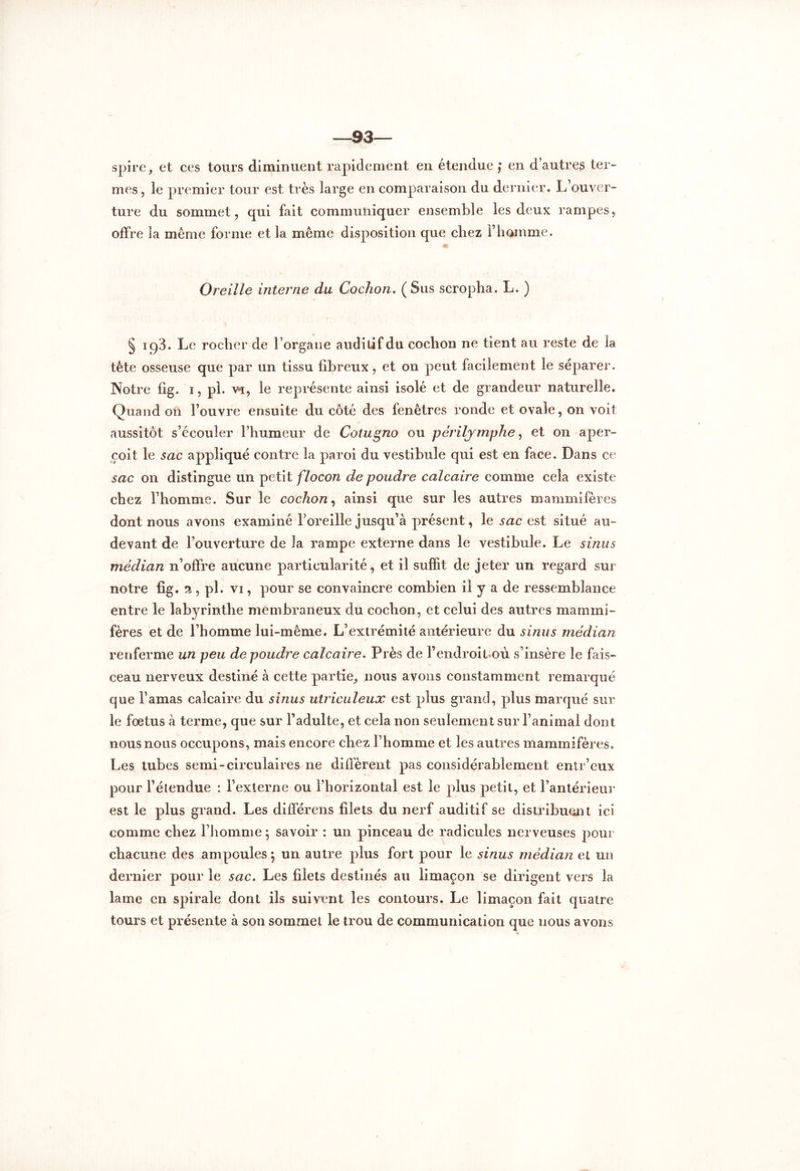 —93 spire, et ces tours diminuent rapidement en étendue; en d’autres ter- mes , le premier tour est très large en comparaison du dernier. L’ouver- ture du sommet, qui fait communiquer ensemble les deux rampes, offre la même forme et la même disposition que chez F homme. Oreille interne du Cochon. (Sus scropha. L. ) § ic)3. Le rocher de l’organe auditif du cochon ne tient au reste de la tète osseuse que par un tissu fibreux, et on peut facilement le séparer. Notre fig. i, pl. v*i, le représente ainsi isolé et de grandeur naturelle. Quand on l’ouvre ensuite du côté des fenêtres ronde et ovale, on voit aussitôt s’écouler l’humeur de Cotugno ou pèrilymphe, et on aper- çoit le sac appliqué contre la paroi du vestibule qui est en face. Dans ce sac on distingue un petit flocon de poudre calcaire comme cela existe chez l’homme. Sur le cochon, ainsi que sur les autres mammifères dont nous avons examiné l’oreille jusqu’à présent, le sac est situé au- devant de l’ouverture de la rampe externe dans le vestibule. Le sinus médian n’offre aucune particularité, et il suffit de jeter un regard sur notre fig. 2, pl. vi, pour se convaincre combien il y a de ressemblance entre le labyrinthe membraneux du cochon, et celui des autres mammi- fères et de l’homme lui-même. L’extrémité antérieure du sinus médian renferme un peu de poudre calcaire. Près de l’endroit où s’insère le fais- ceau nerveux destiné à cette partie, nous avons constamment remarqué que l’amas calcaire du sinus utriculeux est plus grand, plus marqué sur le fœtus à terme, que sur l’adulte, et cela non seulement sur l’animal dont nous nous occupons, mais encore chez l’homme et les autres mammifères. Les tubes semi-circulaires ne diffèrent pas considérablement entr’eux pour l’étendue : l’externe ou l’horizontal est le plus petit, et l’antérieur est le plus grand. Les différais filets du nerf auditif se distribuent ici comme chez l’homme ; savoir : un pinceau de radicules nerveuses pour chacune des ampoules *, un autre plus fort pour le sinus médian et un dernier pour le sac. Les filets destinés au limaçon se dirigent vers la lame en spirale dont ils suivent les contours. Le limaçon fait quatre tours et présente à son sommet le trou de communication que nous avons