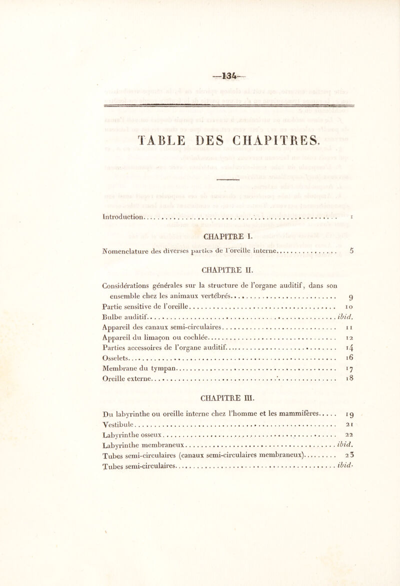 TABLE DES CHAPITRES. Introduction i CHAPITRE I. Nomenclature des diverses parties de l'oreille interne 5 CHAPITRE II. Considérations générales sur la structure de l’organe auditif, dans son ensemble chez les animaux vertébrés. ........ 9 Partie sensitive de F oreille 10 Bulbe auditif ibid. Appareil des canaux semi-circulaires 11 Appareil du limaçon ou coclilée 12 Parties accessoires de l’organe auditif. i4 Osselets 16 Membrane du tympan 17 Oreille externe ' 18 CHAPITRE III. Du labyrinthe ou oreille interne chez l’homme et les mammifères 19 Vestibule 21 Labyrinthe osseux 22 Labyrinthe membraneux ibid. Tubes semi-circulaires (canaux semi-circulaires membraneux) 2 5 Tubes semi-circulaires ibid-