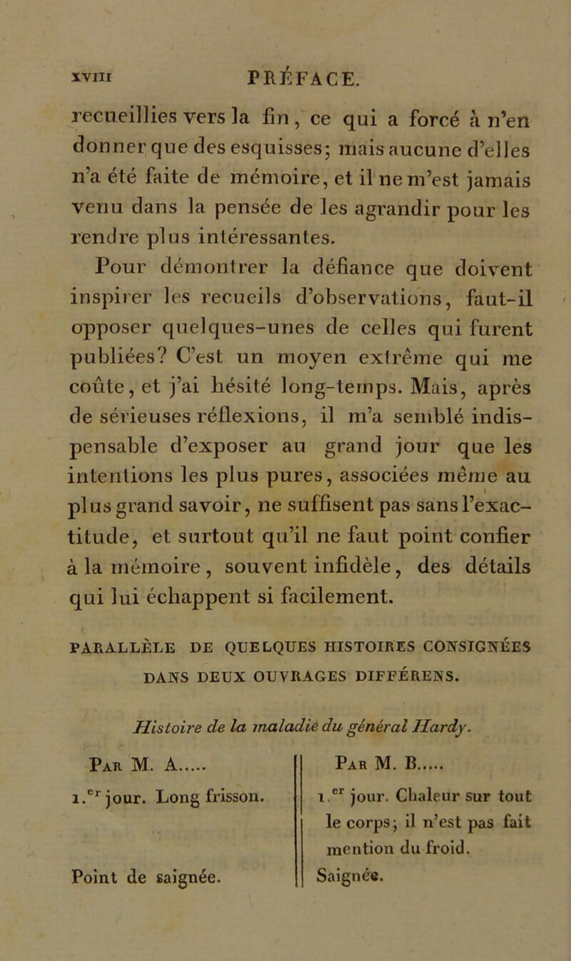 recueillies vers la fin , ce qui a forcé à n’en donner que des esquisses; mais aucune d’elles n’a été faite de mémoire, et il ne m’est jamais venu dans la pensée de les agrandir pour les rendre plus intéressantes. Pour démontrer la défiance que doivent inspirer les recueils d’observations, faut-il opposer quelques-unes de celles qui furent publiées? C’est un moyen extrême qui me coûte, et j’ai hésité long-temps. Mais, après de sérieuses réflexions, il m’a semblé indis- pensable d’exposer au grand jour que les intentions les plus pures, associées même au plus grand savoir, ne suffisent pas sans l’exac- titude, et surtout qu’il ne faut point confier à la mémoire , souvent infidèle, des détails qui lui échappent si facilement. PARALLÈLE DE QUELQUES HISTOIRES CONSIGNÉES DANS DEUX OUVRAGES DIFEÉRENS. Histoire de la maladie du général Hardy. Pau M. A i.er jour. Long frisson. Par M. B i ,er jour. Chaleur sur tout le corps; il n’est pas fait mention du froid. Saignée. Point de saignée.