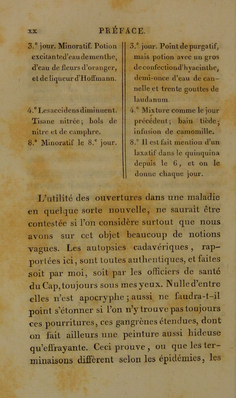 3. e jour. Point de purgatif, mais potion avec un gros de confectiond’h jacinthe, demi-once d’eau de can- nelle et trente gouttes de laudanum. 4. e Mixture comme le jour précédent; bain tiède; infusion de camomille. 8.e II est fait mention d’un laxatif dans le quinquina depuis le 6, et on le donne chaque jour. IAitilité des ouvertures dans une maladie en quelque sorte nouvelle, ne saurait être contestée si l’on considère surtout que nous avons sur cet objet beaucoup de notions vagues. Les autopsies cadavériques, rap- portées ici, sont toutes authentiques, et faites soit par moi, soit par les officiers de santé du Cap, toujours sous mes yeux. Nulle d’entre elles n’est apocryphe ; aussi ne faudra-t-il point s’étonner si l’on n’y trouve pas toujours ces pourritures, ces gangrènes étendues, dont on fait ailleurs une peinture aussi hideuse qu’effrayante. Ceci prouve , ou que les ter- minaisons diffèrent selon les épidémies, les 3. c jour. Minoratif. Potion excitanted’eau dementhe, d’eau de fleurs d’oranger, et de liqueur d’Hoffmann. 4. eLesaccidens diminuent. Tisane nitrée; bols de nitre et de camphre. 8.® Minoratif le 8.e jour.