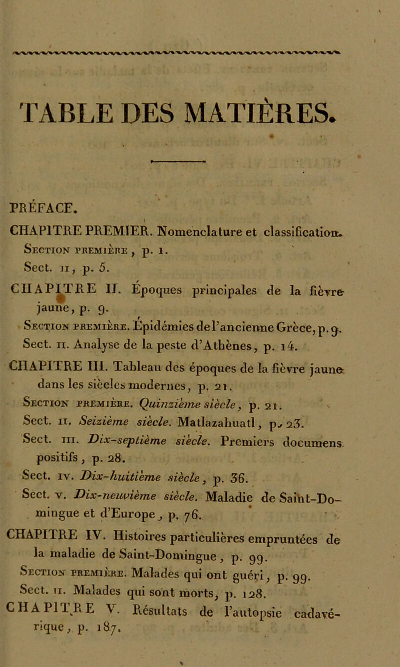 TABLE DES MATIÈRES PRÉFACE. CHAPITRE PREMIER. Nomenclature et classification:. Section première , p. 1. Sect. h, p. 5. CHAPITRE IJ. Époques principales de la fièvre jaune, p. 9. Section première. Épidémies de l’ancienne Grèce, p. 9. Sect. 11. Analyse de la peste d’Athènes, p. i4. CHAPITRE III. Tableau des époques de la fièvre jaune: dans les siècles modernes, p. 21. Section première. Quinzième siècle, p. 21. Sect. 11. Seizième siècle. Matlazabuatl, p.,23. Sect. in. Dix-septieme siecle. Premiers documens positifs , p. 28. Sect. iy. Dix-liuitième siècle, p. 36. Sect. v. Dix-neuvième siècle. Maladie de Saint-Do- mingue et d’Europe, p. 76. CHAPITRE IV. Histoires particulières empruntées de la maladie de Saint-Domingue, p. 99. Section première. Malades qui ont guéri, p. 99. Sect. u. Malades qui sont morts, p. 128. CHAPITRE V. Résultats de l’autopsie cadavé- rique, p. 187.