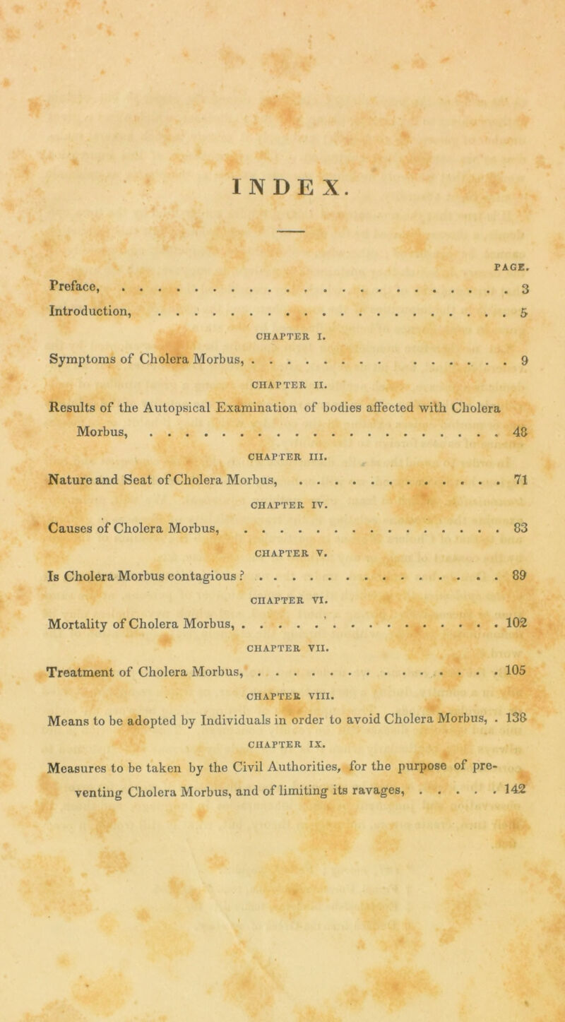 INDEX. PAGE. Préfacé, 3 Introduction, 5. chapter 1. Symptoras of Choiera Morbus, 9 CHATTER II. Results of the Autopsical Examination of bodies affected with Choiera Morbus, 48 ciiArrER ni. Nature and Seat of Choiera Morbus, 71 CHAPTER IV. Causes of Choiera Morbus, 83 CHAPTER V. Is Choiera Morbus contagious ? 89 CHAPTER VI. Mortality of Choiera Morbus, 102 CHAPTER VII. Treatment of Choiera Morbus, 105 CHAPTER VIII. Means to be adopted by Individuals in order to avoid Choiera Morbus, . 138 CHAPTER IX. Measures to be taken by the Civil Authorities, for the purpose of pre- venting Choiera Morbus, and of limiting its ravages, 142