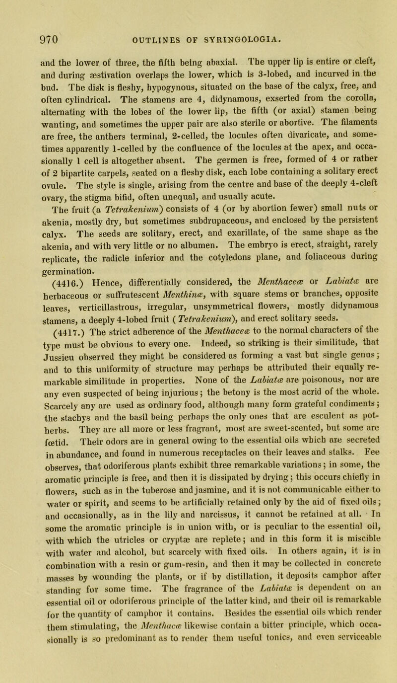 and the lower of three, the fifth being abaxial. The upper lip is entire or cleft, and during aestivation overlaps the lower, which is 3-lobed, and incurved in the bud. The disk is fleshy, hypogynous, situated on the base of the calyx, free, and often cylindrical. The stamens are 4, didynamous, exserted from the corolla, alternating with the lobes of the lower lip, the fifth (or axial) stamen being wanting, and sometimes the upper pair are also sterile or abortive. The filaments are free, the anthers terminal, 2-celled, the locules often divaricate, and some- times apparently 1-celled by tbe confluence of the locules at the apex, and occa- sionally 1 cell is altogether absent. The germen is free, formed of 4 or rather of 2 bipartite carpels, seated on a fleshy disk, each lobe containing a solitary erect ovule. The style is single, arising from the centre and base of the deeply 4-cleft ovary, the stigma bifid, often unequal, and usually acute. The fruit (a Tetrakenium) consists of 4 (or by abortion fewer) small nuts or akenia, mostly dry, but sometimes subdrupaceous, and enclosed by the persistent calyx. The seeds are solitary, erect, and exarillate, of the same shape as the akenia, and with very little or no albumen. The embryo is erect, straight, rarely replicate, the radicle inferior and the cotyledons plane, and foliaceous during germination. (4416.) Hence, differentially considered, the Menthacece or Labiate, are herbaceous or suffrutescent Menthincc, with square stems or branches, opposite leaves, verticillastrous, irregular, unsymmetrical flowers, mostly didynamous stamens, a deeply 4-lobed fruit ( Tetrakenium), and erect solitary seeds. (4417.) The strict adherence of the Menthacece. to the normal characters of the type must be obvious to every one. Indeed, so striking is their similitude, that Jussieu observed they might be considered as forming a vast but single genus; and to this uniformity of structure may perhaps be attributed their equally re- markable similitude in properties. None of the Labiate are poisonous, nor are any even suspected of being injurious; the betony is the most acrid of the whole. Scarcely any are used as ordinary food, although many form grateful condiments ; the stachys and the basil being perhaps the only ones that are esculent as pot- herbs. They are all more or less fragrant, most are sweet-scented, but some are foetid. Their odors are in general owing to the essential oils which ar.e secreted in abundance, and found in numerous receptacles on their leaves and stalks. Fee observes, that odoriferous plants exhibit three remarkable variations; in some, the aromatic principle is free, and then it is dissipated by drying; this occurs chiefly in flowers, such as in the tuberose and jasmine, and it is not communicable either to water or spirit, and seems to be artificially retained only by the aid of fixed oils; and occasionally, as in the lily and narcissus, it cannot be retained at all. In some the aromatic principle is in union with, or is peculiar to the essential oil, with which the utricles or cryptae are replete; and in this form it is miscible with water and alcohol, but scarcely with fixed oils. In others again, it is in combination with a resin or gum-resin, and then it may be collected in concrete masses by wounding the plants, or if by distillation, it deposits camphor alter standing for some time. The fragrance of the Labiate is dependent on an essential oil or odoriferous principle of the latter kind, and their oil is remarkable for the quantity of camphor it contains. Hesides the essential oils which render them stimulating, the Menthacee likewise contain a bitter principle, which occa- sionally is so predominant as to render them useful tonics, and even serviceable