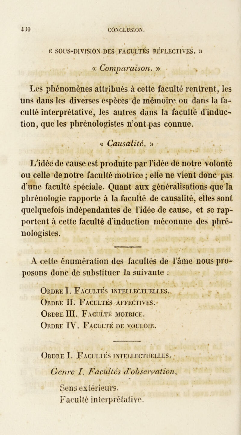 « SOUS-DIVISION DES FACULTÉS RÉFLECTIVES. )) * ' * . < • (( Comparaison. » Les phénomènes attribués à cette faculté rentrent, les uns dans les diverses espèces de mémoire ou dans la fa- culté interprétative, les autres dans la faculté d’induc- tion, que les phrénologistes n’ont pas connue. v # . t ; • « Causalité. » , i » » - è . ' ' • . ’ \ ■ V* • / ♦ c L'idée de cause est produite par l’idée de notre volonté ou celle de notre faculté motrice ; elle ne vient donc pas d une faculté spéciale. Quant aux généralisations que la phrénologie rapporte à la faculté de causalité, elles sont quelquefois indépendantes de l’idée de cause, et se rap- portent à cette faculté d’induction méconnue des phré- nologistes. A cette énumération des facultés de l ame nous pro- posons donc de substituer la suivante : ' l>, . . !■. Sr . ■ A *..* * • • « » * > Ordre I. Facultés intellectuelles. l ♦ f • * v ,4 * , 4 . Vf ' • 4. Ji': * ' * « • Ordre II. Facultés affectives. Ordre III. Faculté motrice. Ordre IV. Faculté de vouloir. Ordre I. Facultés intellectuelles. ' »! J ' / * ’   ' i Genre I. Facultés cl observation* * * • • * • » » 4 Sens extérieurs. Facuité interprétatiVe.