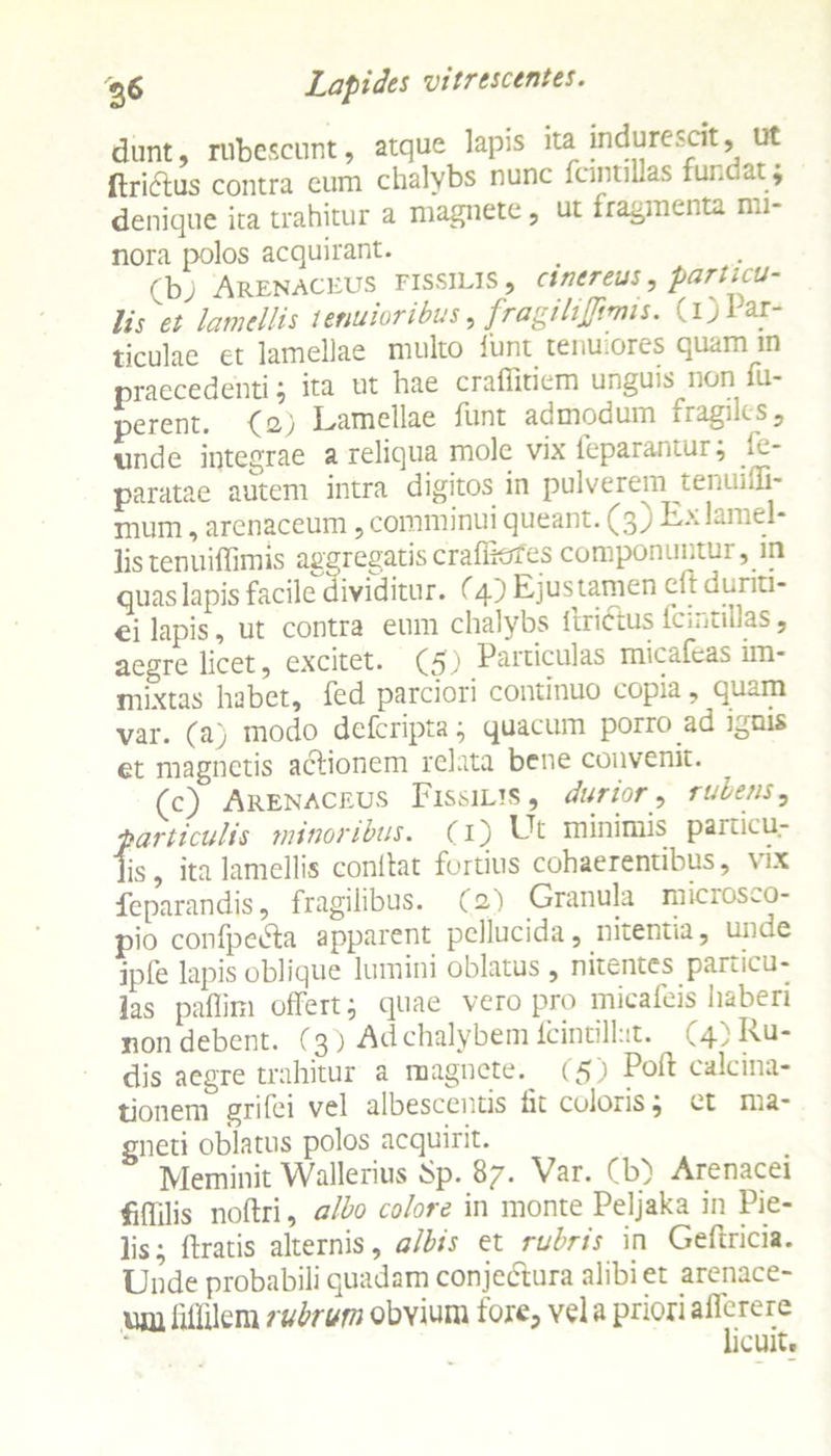 dunt, rubescunt, atque lapis ita indurescit, ut ftrictus contra eum chalybs nunc fcintillas fundat ; denique ita trahitur a magnete, ut fragmenta mi- nora polos acquirant. (bj Arenaceus fissilis, cinereus, particu- lis et lamellis tenuioribus, fragili fimis. (Olar- ticulae et lamellae multo lunt tenuiores quam in praecedenti; ita ut hae craffitiem unguis non fu- nerent. (2) Lamellae funt admodum fragiles, unde integrae a reliqua mole vix feparantur; re- paratae autem intra digitos in pulverem tenuiffi- mum, arenaceum, comminui queant. (3 J Lxlamel- lis tenuiffimis aggregatis crafhotes componuntur, in quas lapis facile dividitur. (4) Ejus tamen eft duriti- ei lapis, ut contra eum chalybs ftrictus fcintillas, aegre licet, excitet. (5) Particulas micafeas im- mixtas habet, fed parciori continuo copia, quam var. (a) modo deferipta; quacum porro ad ignis et magnetis actionem relata bene convenit. (c) Arenaceus Fissilis, durior, rubens, particulis minoribus. (1) Ut minimis panicu- lis, ita lamellis conltat fortius cohaerentibus, \ix leparandis, fragilibus. (2) Granula microsco- pio confpebta apparent pellucida, nitentia, unde ipfe lapis oblique lumini oblatus, nitentes particu- las paflim offert; quae vero pro micafeis haberi non debent. (3 ) Ad chalybem fcintillat. ^ (4) Ru- dis aegre trahitur a magnete. (5) Poft calcina- tionem grifei vel albescentis fit coloris; et ma- gneti oblatus polos acquirit. Meminit Wallerius £>p. 87. Var. fb) Arenacei Milis noftri, albo colore in monte Peljaka in Pie- lis; ffratis alternis, albis et rubris in Geftricia. Unde probabili quadam conjectura alibi et arenace- um fiffilem rubrum obyium fore, vel a priori afferere licuit.