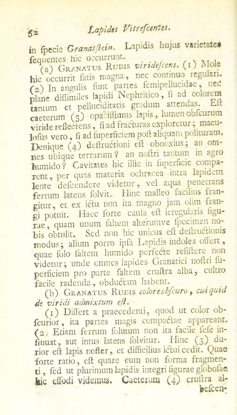 in fpecie Granatflein. Lipidis hujus varietatei fequentes hic occurrunt. , , Ta) Granatus Rudis virtdejcens. (i) Mole hic occurrit fatis magna, nec continuo regulari, f a) In angulis funt partes fcmipellucidac, nec plane diflimiles lapidi Nephritico, li ad colorem tantum et peUuciditatis gradum attendas. Elt caeterum (3) opacillimus lapis, lumenobfcurum viride reflectens, fi ad fracturas exploretur; macu- ]0fLiS vero, fi ad fuperficiem poli aliquam polituram* Denique (4) delirudtioni eft obnoxius; an om- nes ubique terrarum ? an noftri tantum in agro humido? Cavitates hic illic in fuperficie compa- rent, per quas materia ochracea intra lapidem lente defeendere videtur, vel aqua penetrans ferrum latens folvit. Hinc malleo facilius fran- gitur, et ex ictu non ita magno jam olim fran- gi potuit. Haec forte cauta elt irregularis hgu- rue, quam unum laltem alterumve fpccimcn no- bis obtulit. Sed non hic unicus elt deltructioms modus; alium porro ipfa Lapidis indoles ofiert, quae folo laltem humido. perfecte refiftere non videtur; unde omnes lapides Granatici nofiri fu- perficiem pro parte faltem crufira alba, cultro facile radenda y obdudtam habent. (b) Granatus Rudis color e obfcuro, cutqutd dt viridi admixtum e fi. (1) Differt a praecedenti, quod ut color ob- fcurior, ita partes magis compactae appareant. (2, Etiam ferrum fulutum non ita facile lele in- firmat, aut intus latens folvitur. Hinc (3) du- rior elt lapis nofter, et difficilius idtui cedit. Quae forte ratio, eft quare eum non forma fragmen- ti , fed ut plurimum lapidis integri figurae globolae kic effodi videmus. Caeterum (4) crufira al- fecfcen-