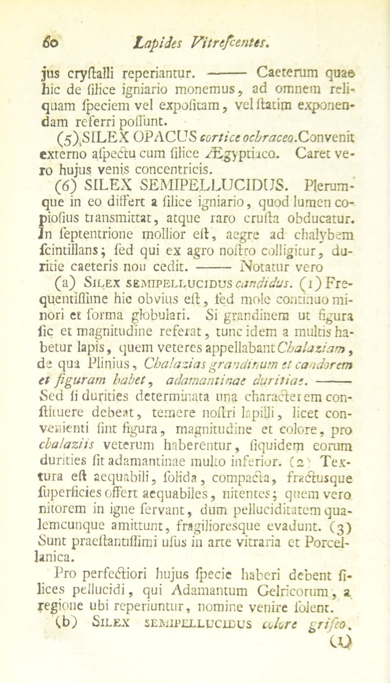 jus cryftalli repcriantur. Caeterum quae hic de (ilice igniario monemus, ad omnem reli- quam fpeciem vel expolitam, vel Itatim exponen- dam referri poliunt. (5) SILEX OPACUS cortice ocbraceo.Convenit externo alpectu cum filice ^gyptiaca. Caret ve- ro hujus venis concentricis. (6) SILEX SEMIPELLUCIDUS. Plerum- que in eo differt a filice igniario, quod lumen co- piofius transmittat, atque raro cruda obducatur. In feptentrione mollior ell, aegre ad chalybem fcintillans; fed qui ex agro noltro colligitur, du- ritie caeteris non cedit. Notatur vero (a) Silex semipellucidus candidus. (i)Fre- quentillime hic obvius eil, led mole continuo mi- nori et forma globulari. Si grandinem ut figura fic et magnitudine referat, tunc idem a multis ha- betur lapis, quem veteres appellabantChalaziam, de qua Plinius, ChaJazias grandinum et candorem et figuram habet, adamantinae duritiae. Sed li durities determinata una characterem con- ftiiuere debeat, temere noftri Lpilli, licet con- venienti lint figura, magnitudine et colore, pro chalaziis veterum haberentur, fiquidem eorum durities fit adamantinae multo inferior. (2: Tex- tura ell aequabili, foHda, compacda, fradtusque fuperficies offert aequabiles, nitentes; quem vero nitorem in igne fervant, dum pelluciditatemqua- lemcunque amittunt, fragilioresque evadunt. (3) Sunt praellantillimi ufus in arte vitraria et Porcel- lanica. Pro perferiori hujus fpecie haberi debent fi- lices pellucidi, qui Adamantum Gelricorum, a regione ubi reperiuntur, nomine venire lblent. (b) Silex semipellucidus coLre grifeo. co