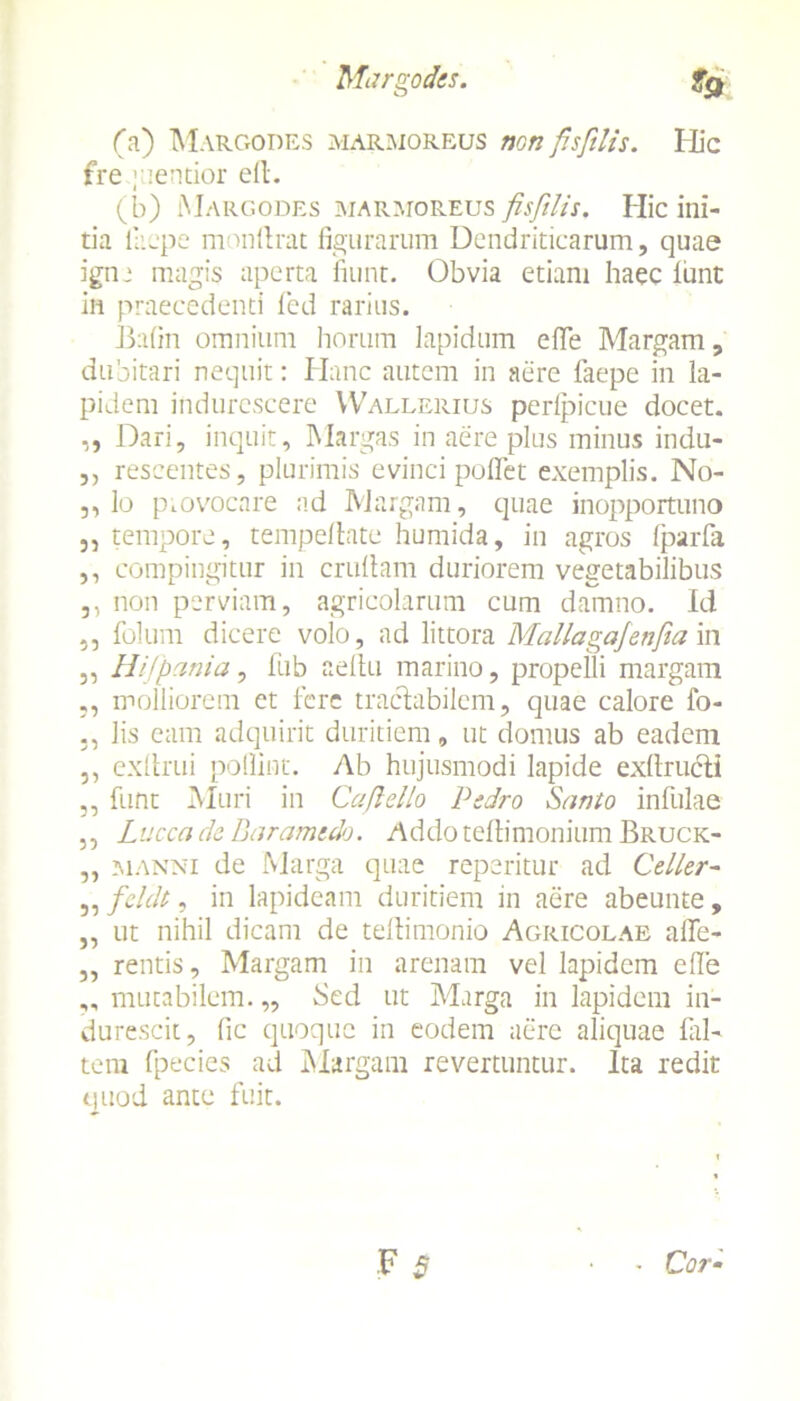(a) Margodes marmoreus non fisfilis. Hic fre mentior efl. (b) Margodes marmoreus fisfilis. Hic ini- tia laepe monltrat figurarum Dendriticarum, quae igne magis aperta fiunt. Obvia etiam haec liant in praecedenti fed rarius. Bafin omnium horum lapidum dfe Margam, dubitari nequit: Hanc autem in aere faepe in la- pidem indurescere Wallerius perlpicue docet. „ Dari, inquit. Margas in aere plus minus indu- ,, rescentes, plurimis evinci pollet exemplis. No- ,, lo provocare ad Margam, quae inopportuno ,, tempore, tempeltate humida, in agros Iparfa ,, compingitur in crultam duriorem vegetabilibus ,, non perviam, agricolarum cum damno. Id ,, folum dicere volo, ad littora Mallagafenfia in ,, Hi (pania, fub a e Itu marino, propelli margam molliorem et fere tractabilem, quae calore fo- lis eam adquirit duritiem, ut domus ab eadem ,, exltrui poflint. Ab hujusmodi lapide exltrucli „ funt Muri in Cafiello Psdro Santo infulae ,, Lucca de Baramtdo. Addotellimonium Bruck- „ manni de Marga quae reperitur ad Celler- ,, fchh, in lapideam duritiem in aere abeunte, ,, ut nihil dicam de teltimonio Agricolae alle- ,, rentis, Margam in arenam vel lapidem efle ,, mutabilem. „ Sed ut Marga in lapidem in- durescit, fic quoque in eodem aere aliquae fal- tem fpecies ad Margam revertuntur. Ita redit quod ante fuit. F 3 - Cor-