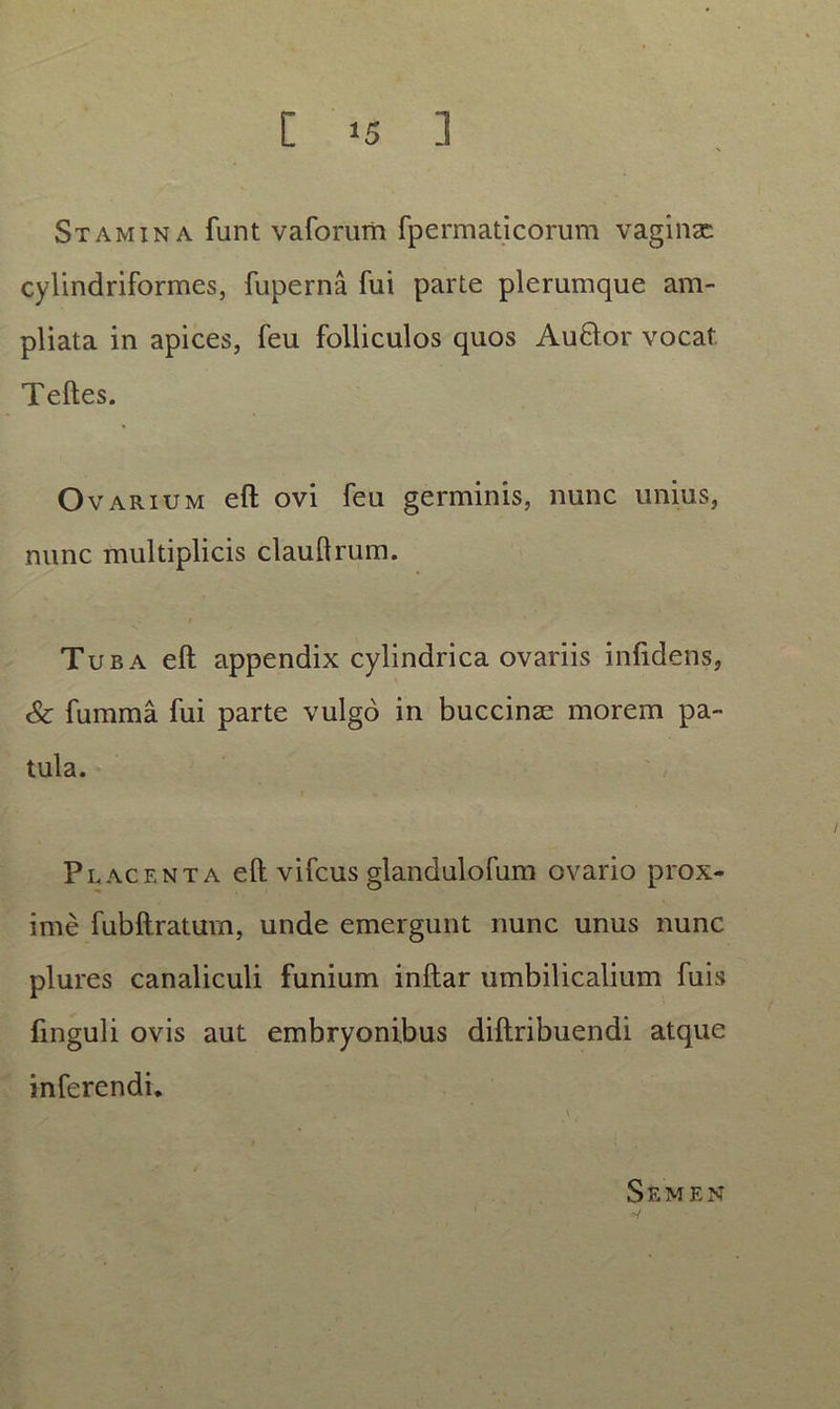 Stamina funt vaforum fpermaticorum vaginae cylindriformes, fuperna fui parte plerumque am- pliata in apices, feu folliculos quos Audior vocat. Teftes. Ovarium eft ovi feu germinis, nunc unius, nunc multiplicis clauftrum. Tuba eft appendix cylindrica ovariis infidens, & fumma fui parte vulgo in buccinae morem pa- tula. Placenta eft vifcus glandulofum ovario prox- ime fubftratum, unde emergunt nunc unus nunc plures canaliculi funium inftar umbilicalium fuis finguli ovis aut embryonibus diftribuendi atque inferendi. Semen