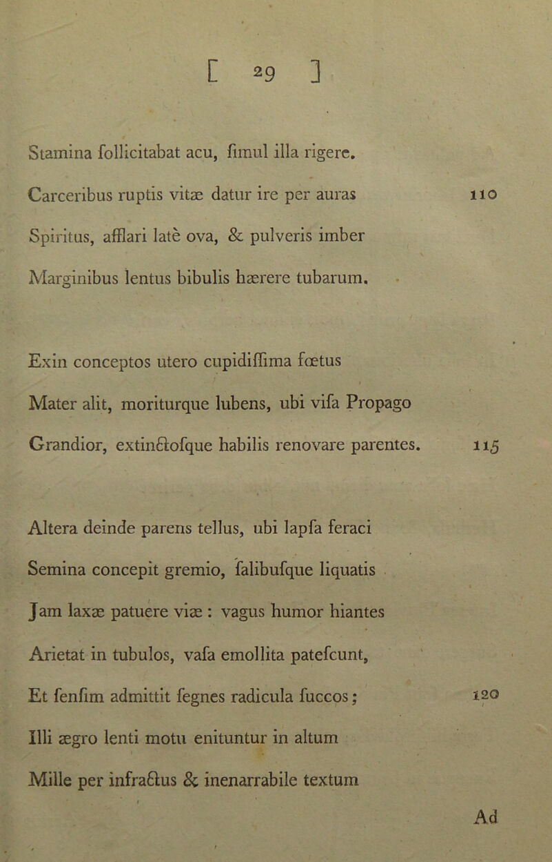 Stamina follicitabat acu, fimul illa rigere. Carceribus ruptis vitae datur ire per auras Spiritus, afflari late ova, & pulveris imber Marginibus lentus bibulis haerere tubarum. Exin conceptos utero cupidiflima foetus Mater alit, moriturque lubens, ubi vifa Propago Grandior, extinftofque habilis renovare parentes. Altera deinde parens tellus, ubi lapfa feraci Semina concepit gremio, falibufque liquatis Jam laxae patuere viae : vagus humor hiantes Arietat in tubulos, vafa emollita patefcunt. Et fenfim admittit fegnes radicula fuccos; Illi aegro lenti motu enituntur in altum Mille per infra&us & inenarrabile textum 110 115 120 Ad