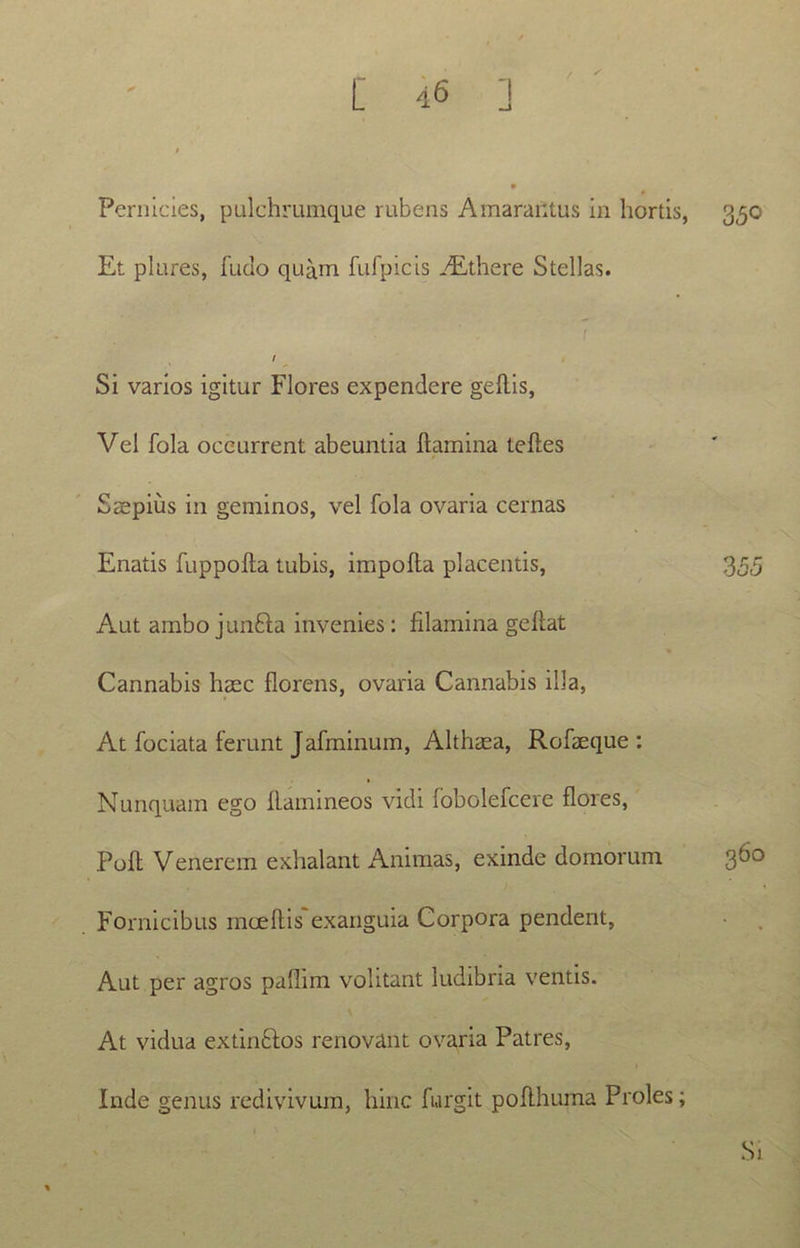 Pernicies, pulchrumque rubens Amarantus in hortis, 350 Et plures, fuclo quam fufpicis Aethere Stellas. / Si varios igitur Flores expendere geflis, Vel fola occurrent abeuntia flamina teftes Saepius in geminos, vel fola ovaria cernas Enatis fuppofla tubis, impofta placentis, 35,5 Aut ambojunfta invenies : lilamina geflat Cannabis haec florens, ovaria Cannabis illa, At fociata ferunt Jafminum, Althaea, Rofaeque : Nunquam ego flamineos vidi fobolefcere flores, Poft Venerem exhalant Animas, exinde domorum 360 Fornicibus mceflis exanguia Corpora pendent, Aut per agros paflim volitant ludibria ventis. At vidua extin&os renovant ovaria Patres, Inde genus redivivum, hinc fuirgit pofthuma Proles; Si