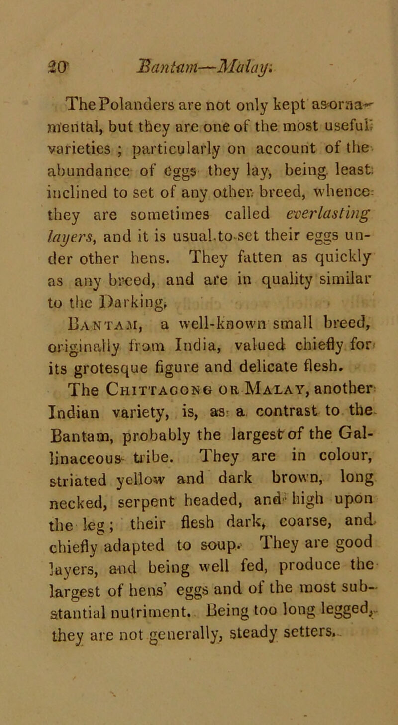 ThePolanders are not only kept as^orna— mental, but they are one of the most useful’ varieties ; particularly on account of the abundance of eggs they lay, being, least; inclined to set of any other breed, whence they are sometimes called everlasting layers, and it is usual.to-set their eggs un- der other hens. They fatten as quickly as any breed, and are in quality similar to the Darking, Bantam, a well-known small breed, originally from India, valued chiefly for its grotesque figure and delicate flesh. The Chittagong or Malay, another Indian variety, is, as a contrast to the Bantam, probably the largest of the Gal- linaceous- tribe. They are in colour, striated yellow and dark brown, long necked, serpent headed, and high upon the leg; their flesh dark, coarse, and- chiefly adapted to soup. They are good layers, and being well fed, produce the largest ot hens’ eggs and ol the most sub- stantial nutriment. Being too long legged, they are not generally, steady setters.