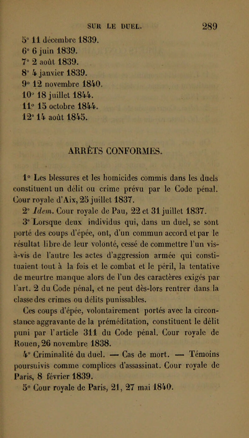 5“ 11 décembre 1839. 6“ 6 juin 1839. 7“ 2 août 1839. 8’ k Janvier 1839. 9“ 12 novembre 1840. 10^ 18 juillet 1844. 11® 15 octobre 1844. 12” 14 août 1845. ARRÊTS CONFORMES. 1° Les blessures et les homicides commis dans les duels constituent un délit ou crime prévu par le Code pénal. Cour royale d’Aix, 25 juillet 1837. 2” Idem. Cour royale de Pau, 22 et 31 juillet 1837. 3” Lorsque deux individus qui, dans un duel, se sont porté des coups d’épée, ont, d’un commun accord et par le résultat libre de leur volonté, cessé de commettre l’un vis- à-vis de l’autre les actes d’aggression armée qui consti- tuaient tout à la fois et le combat et le péril, la tentative de meurtre manque alors de l’un des caractères exigés par l’art. 2 du Code pénal, et ne peut dès-lors rentrer dans la classe des crimes ou délits punissables. Ces coups d’épée, volontairement portés avec la circon- stance aggravante de la préméditation, constituent le délit puni par l’article 311 du Code pénal. Cour royale de Rouen, 26 novembre 1838. 4“ Criminalité du duel. — Cas de mort. — Témoins poursuivis comme complices d’assassinat. Cour royale de Paris, 8 février 1839. 5° Cour royale de Paris, 21, 27 mai 1840.