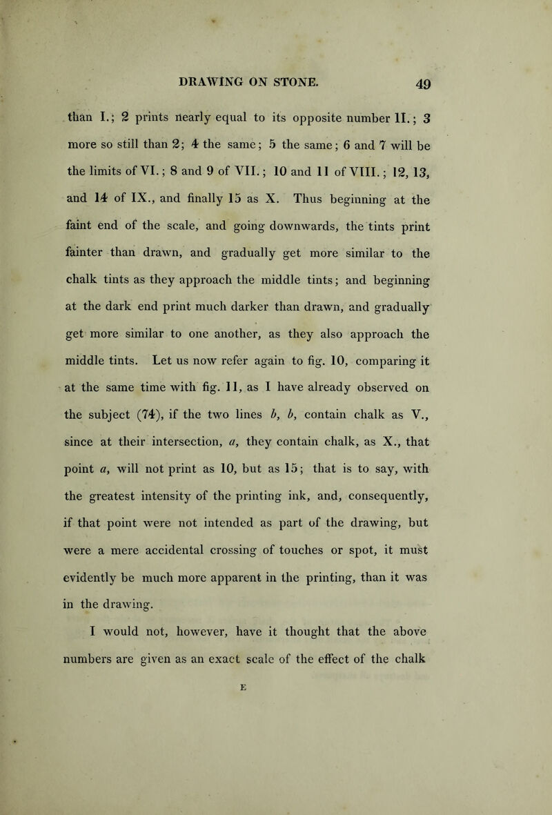 than I.; 2 prints nearly equal to its opposite number II.; 3 more so still than 2; 4 the same; 5 the same; 6 and 7 will be the limits of VI.; 8 and 9 of VII.; 10 and 11 of VIII.; 12, 13, and 14 of IX., and finally 15 as X. Thus beginning at the faint end of the scale, and going downwards, the tints print fainter than drawn, and gradually get more similar to the chalk tints as they approach the middle tints; and beginning at the dark end print much darker than drawn, and gradually get more similar to one another, as they also approach the middle tints. Let us now refer again to fig. 10, comparing it at the same time with fig. 11, as I have already observed on the subject (74), if the two lines b, b, contain chalk as V., since at their intersection, a, they contain chalk, as X., that point a, will not print as 10, but as 15; that is to say, with the greatest intensity of the printing ink, and, consequently, if that point were not intended as part of the drawing, but were a mere accidental crossing of touches or spot, it must evidently be much more apparent in the printing, than it was in the drawing. I would not, however, have it thought that the above numbers are given as an exact scale of the effect of the chalk E