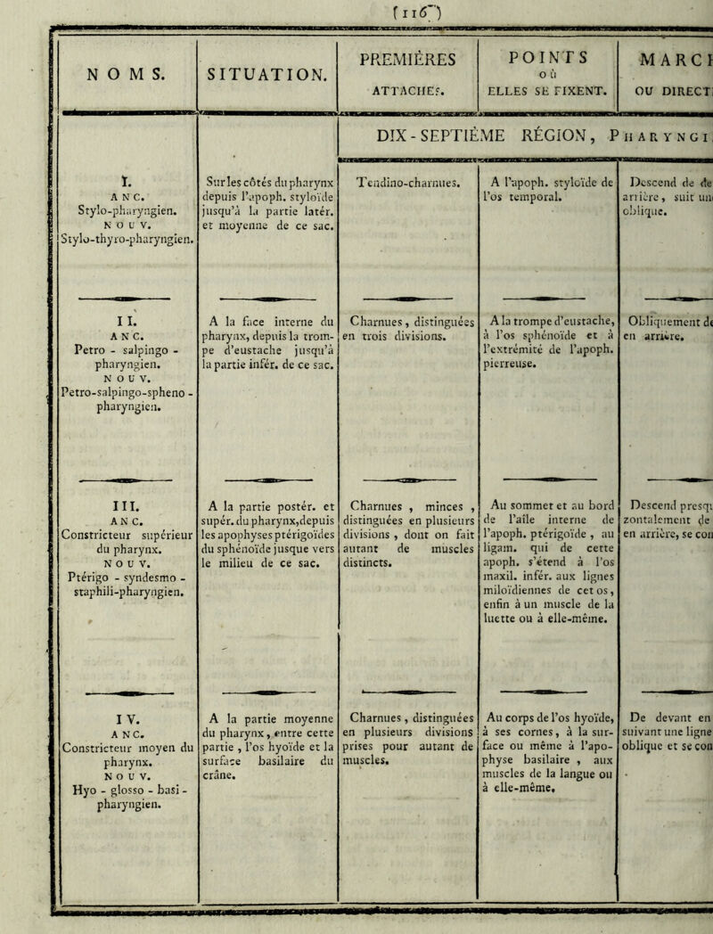 f iiO NOMS. SITUATION. PREMIÈRES ATTACIIEF. POINTS O ù ELLES SE FIXENT. M ARCI ou DIRECT DIX - SEPTIÈME RÉGION , P n a r y n g i ï. A N C. Stylo-pharyngien. N O U V. Stylo-thyro-pharyngien. Sur les côtés du pharynx depuis l’apoph. styloïde jusqu’à la partie latér. et moyenne de ce sac. Tcadiao-charnues. A l’apoph. styloïde de l’os temporal. Descend de de arrière, suit un oblique. I l, A N C. Petro - salpiiigo - pharyngien. N O U V. Petro-salpingo-spheno - pharyngien. A la face interne du pharynx, depuis la trom- pe d’eustache jusqu’à la partie infér. de ce sac. Charnues, distinguées en trois divisions. A la trompe d’eustache, à l’os sphénoïde et à l’extrémité de l’apoph. pierreuse. Obliquement de en arrière. III. AN C. Constricteur supérieur du pharynx. N 0 U V. Ptérigo - syndesmo - staphili-pharyngicn. A la partie poster, et super, du pharynx,depuis les apophyses ptérigoïdes du sphénoïde jusque vers le milieu de ce sac. Charnues , minces , distinguées en plusieurs divisions , dont on fait autant de muscles distincts. Au sommet et au bord de l’aile interne de l’apoph. ptérigoïde , nu ligam. qui de cette apoph. s’étend à l’os maxil. infér. aux lignes miloïdiennes de cet os, enfin à un muscle de la luette ou à elle-même. Descend presqi zontnlement ijie en arrière, se con I V. ANC. Constricteur moyen du pharynx. N O U V. Hyo - glosso - basi - pharyngien. A la partie moyenne du pharynx, entre cette partie , l’os hyoïde et la surface basilaire du crâne. Charnues, distinguées en plusieurs divisions prises pour autant de muscles. Au corps de l’os hyoïde, à ses cornes, à la sur- face ou même à l’apo- physe basilaire , aux muscles de la langue ou à elle-même. De devant en suivant une ligne oblique et se con