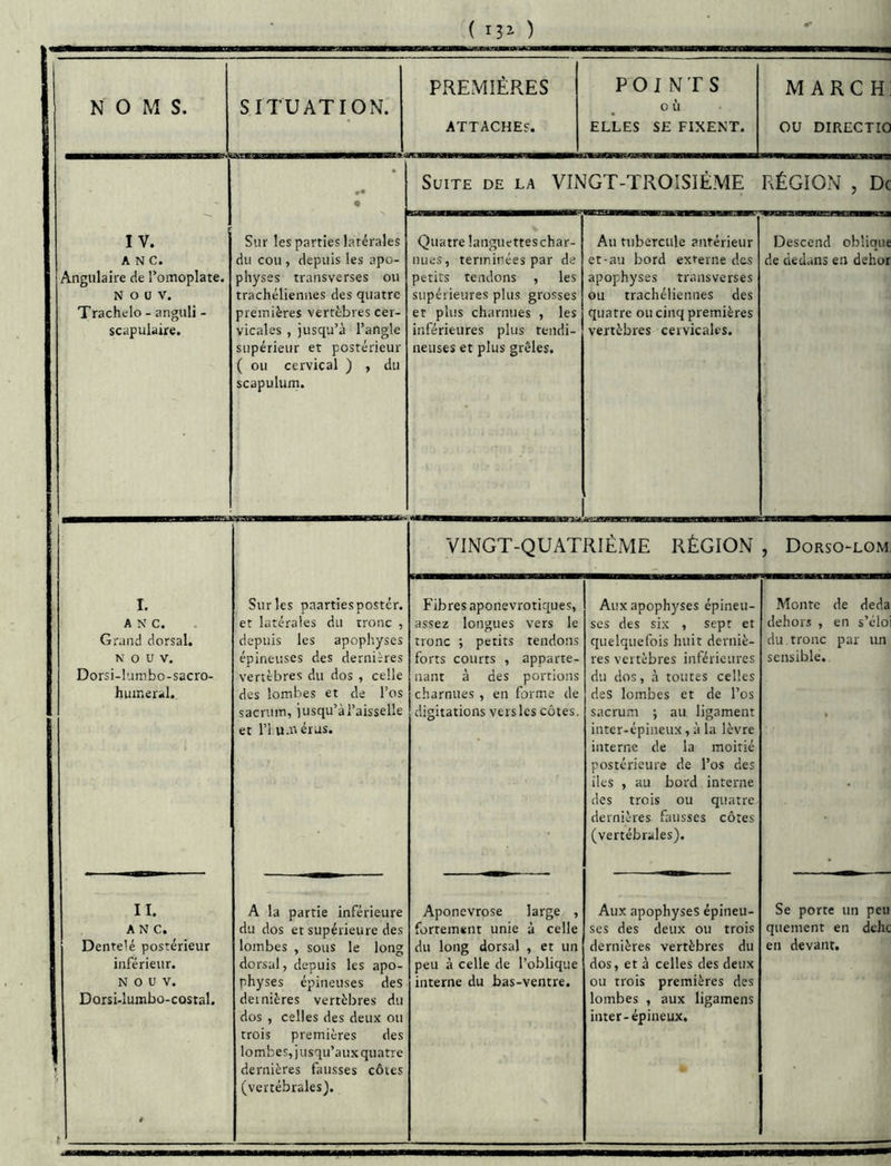 ( 13^ ) NOMS. SITUATION. PREMIÈRES ATTACHES. POINTS 0 ù ELLES SE FIXENT. M A R C H ou DIRECTIO IV. ANC. Angulaire de l’omoplate. N O ü V. Trachelo - anguli - scapulaire. •• q Sur les parties latérales du cou , depuis les apo- physes transverses ou trachéliennes des quatre premières vertèbres cer- vicales , jusqu’à l’angle supérieur et postérieur ( ou cervical ) , du scapulum. Suite de la VINGT-TROISIÈME RÉGION , De Quatre languettes char- nues, terminées par de petits tendons , les supérieures plus grosses et plus charnues , les inférieures plus tendi- neuses et plus grêles. Au tubercule antérieur et-au bord externe des apophyses transverses ou trachéliennes des quatre ou cinq premières vertèbres cervicales. Descend oblique de dedans en dehor I. ANC. Grand dorsal. N O U V. Dorsi-lumbo-sacro- huineral. Sur les paarties poster, et latérales du tronc , depuis les apophyses épineuses des dernières vertèbres du dos , celle des lombes et de l’os sacrum, jusqu’àl’aisselle et ri u.nérus. VINGT-QUATRIÈME RÉGION , Dorso-lom Fibres aponevrotiques, assez longues vers le tronc ; petits tendons forts courts , apparte- nant à des portions charnues , en forme de digitations verslcs côtes. Aux apophyses épineu- ses des six , sept et quelquefois huit derniè- res vertèbres inférieures du dos, à toutes celles des lombes et de l’os sacrum ; au ligament inter-épineux, à la lèvre interne de la moitié postérieure de l’os des lies , au bord interne des trois ou quatre dernières fausses côtes (vertébrales). Monte de deda dehors , en s’éio du tronc par un sensible. II. A N C. Dente'é postérieur inférieur. N O U V. Dorsi-lumbo-costal. 9 A la partie inférieure du dos et supérieure des lombes , sous le long dorsal, depuis les apo- physes épineuses des dernières vertèbres du dos , celles des deux ou trois premières des lombes, jusqu’aux quatre dernières fausses côres (vertébrales). Aponévrose large , fortement unie à celle du long dorsal , et un peu à celle de l’oblique interne du bas-ventre. Aux apophyses épineu- ses des deux ou trois dernières vertèbres du dos, et à celles des deux ou trois premières des lombes , aux ligamens inter-épineux. Se porte un peu quement en dehc en devant.