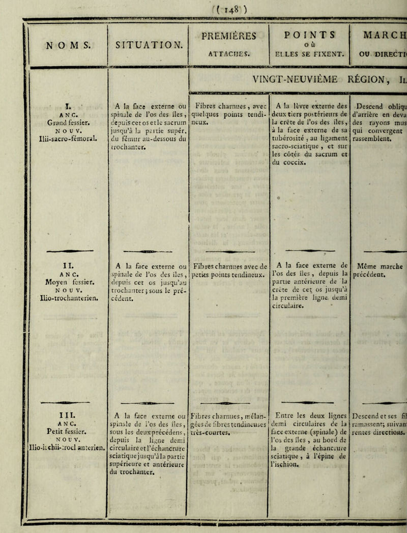 PREMIÈRES POINTS M A R C H NOMS. SITUATION. O ù ATTACHES. ELLES SE FIXENT. ou DIRECTI VINGT-NEUVIÈME RÉGION, Il h A N C. Grand fessier. N O U V. Ilii-sacro-fémoraL A la face externe ou spinale de l’os des îles , depuis cet os et le saenun jusqu’à la partie super, du fémur au-dessous du trochanter. Fibres charnues, avec quelques points tendi- neux. A la lèvre externe des deux tiers postérieurs de la crête de l’os des îles, à la face externe de sa tubérosité , au ligament sacro-sciatique , et sur les côtés du sacrum et du coceix. Descend obliqu d’arrière en deva des rayons muS' qui convergent rassemblent. O II. ANC. Moyen fessier. N O U V. Ilio-trochanterien. A la face externe ou spinale de l’os des îles, depuis cet os jusqu’au trochanter ; sous le pré- cédent. Fibres charnues avec de petits points tendineux. A la face externe de Même marche l’os des îles, depuis la précédent, partie antérieure de la crête de cet os jusqu’à la première ligne, demi circulaire. III. ANC. Petit fessier. N O U V. Ilio-ii chü-trocl anterien, A la face externe ou spinale de l’os des îles, sous les deuxprécédens, depuis la ligne demi circulaire et l’échancrure sciatique jusqu’àla partie supérieure et antérieure du trochanter. Fibres charnues, mélan- gées de fibres tendineuses très-courtes. Entre les deux lignes ! demi circulaires de la face externe (spinale) de l’os des îles , au bord de la grande échancrure sciatique, à l’épine de l’ischion. Descend et scs fil ramassent; suivani rentes directions.