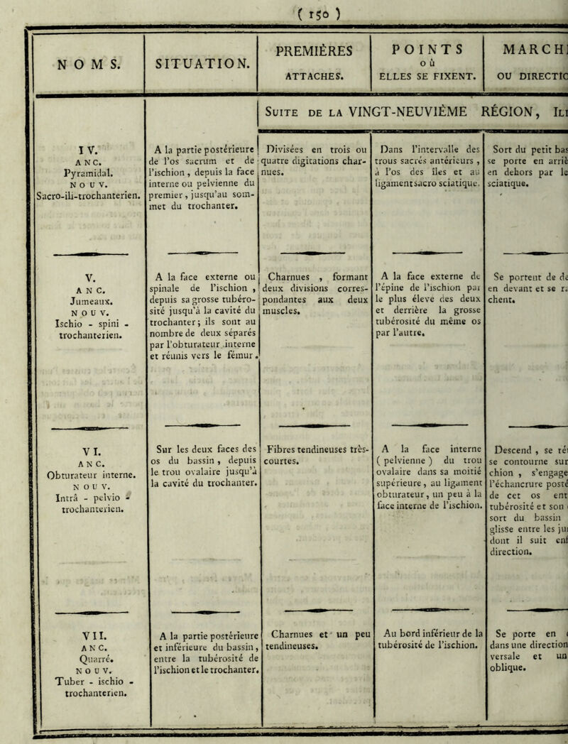 N 0 M 1 SITUATION. PREMIÈRES ATTACHES. POINTS O ù ELLES SE FIXENT. MARCH] ou DIRECTIO Suite de la VINGT-NEUVIÈME RÉGION, Ili IV. A la partie postérieure j de l’os sacrum et de - Divisées en trois ou Dans l’intervalle des Sort du petit bas A NC. quatre digitations char- trous sacrés antérieurs , se porte en arriè Pyramidal. l’ischion , depuis la face nues. à l’os des îles et au en dehors par le N O U V. interne ou pelvienne du ligamentsacro sciatique. sciatique. Sacro-ili-trochanterien. premier, jusqu’au som- met du trochanter. V. A la face externe ou Charnues , formant A la face externe de Se portent de de ANC. spinale de l’ischion | deux divisions corres- l’épine de l’ischion par en devant et se n Jumeaux. depuis sa grosse tubéro- sité jusqu’à la cavité du trochanter; ils sont au nombre de deux séparés par l’obturateur .interne et réunis vers le fémur. pondantes aux deux le plus éleve des deux chent. N 0 Ü V. Ischio - spini - 1 trochanteiien. muscles. et derrière la grosse tubérosité du même os par l’autre. V I. Sur les deux faces des Fibres tendineuses très- A la face interne Descend , se té ANC. os du bassin , depuis courtes. ( pelvienne ) du trou se contourne sur Obturateur interne. le trou ovalaire jusqu’à ovalaire dans sa moitié chion , s’engage l’échancrure posté de cet os ent tubérosité et son sort du bassin glisse entre les ju dont il suit enl N O U V. Intrâ - pelvio - trochanteiien. la cavité du trochanter. supérieure, au ligament obturateur, un peu à la face interne de l’ischion. ■ direction. VII. A la partie postérieure Charnues et' un peu Au bord inférieur de la Se porte en A N C. Quarré. N O ü V. Tuber - ischio - trochantenen. et inférieure du bassin, entre la tubérosité de l’ischion et le trochanter. tendineuses. tubérosité de l’ischion. dans une direction versale et un oblique. ■ . _