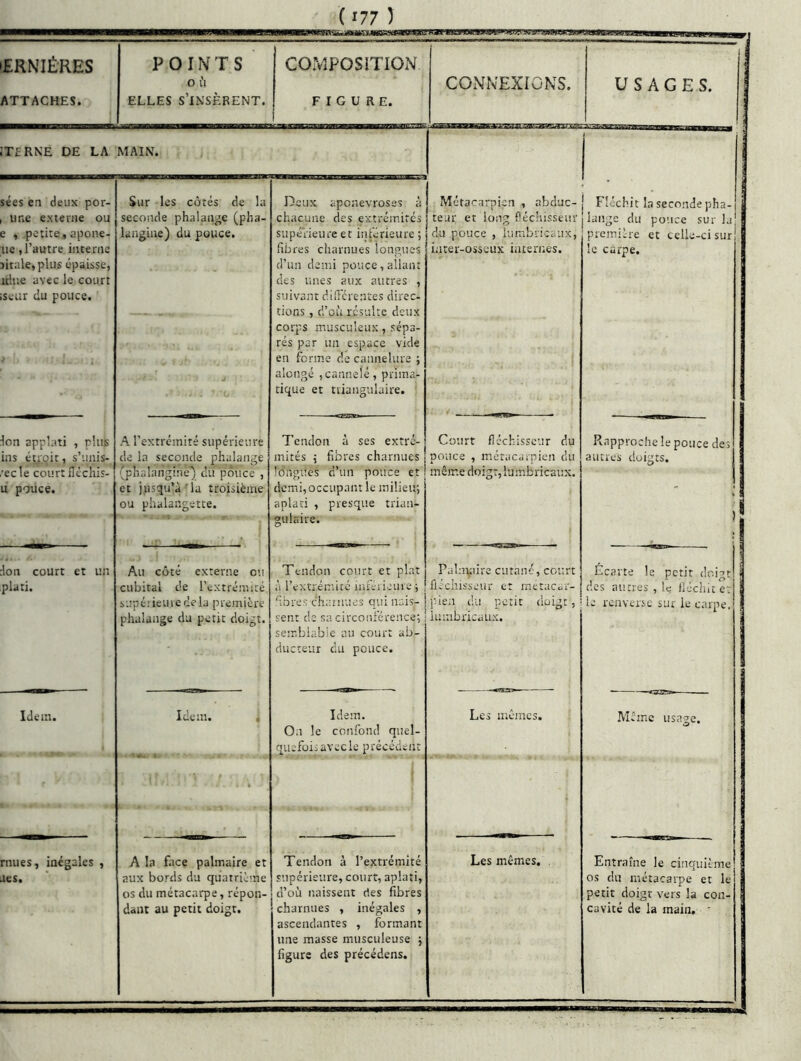 ERNIÉRES ATTACHES. POINTS 0 l'i ELLES s’insèrent. COMPOSITION figure. CONNEXIONS. USAGES. ;t£Rne de la MAIN. i ! sées en deux por- Sur les côtés de lu Deux aponévroses à Métacarpien , abduc- Fléchit la seconde pha- une externe ou seconde phalange (pha- chacune des extrémités teur et long fléchisseur lange du pouce sur la e , petite, apone- langiae) du pouce. supérieure et inférieure ; du pouce , lumbricaux. première et celle-ci sur lie,l’autre interne îitale, plus épaisse, iriue avec le court seiir du pouce. • » 1 4 fibres charnues longues d'un demi pouce, allant des unes aux autres , suivanr differenres direc- tions , d’où résulte deux corps musculeux, sépa- rés par un espace vide en ferme de cannelure ; alongé ,cannelé, prima- tique e: triangulaire. inter-osseux internes. le carpe. Ion applati , plus A l’extrémité supérieure Tendon à ses extré- Court fléchisseur du Rapproche le pouce des 1 ins étroit, s’unis- de la seconde phalange mités i fibres charnues pouce , métacarpien du autres doigts. | 'ecle court fléchis- (phalangîne') cht pôuce , Mugîtes d’un pouce et môme doigt, lumbricaux. 1 U police. et jusqu’à'la troisième demi, occupant le milieu. ; 1 ou phalangette. aplati , presque trian- \ gulaire. i don court et un Au côté externe ou Tendon court et plat Pal;i\aire cutané, court Écarte le petit doi-’t plati. cubital de l’extrémité à rextrémicc inférieure ; fliclîisseur et raetaCür- des autres , le fléchit et supérieure cela première phalange du petit doigt. fibres charnues qui nais- sent de sa circonférence; semblable au court ab- ducteur du pouce. pieu du petit doigt, iuiiibricaux. le renverse sur le carpe. Idem. Idem. « Idem. On le confond quel- quefois avec le précédent Les mêmes. Même usage. ■' • f mues, inégales , A la face palmaire et Tendon à l’extrémité Les mêmes. , Entraîne le cinquième JCS. aux bords du quatrième os du métacarpe, répon- dant au petit doigt. supérieure, court, aplati, d’où naissent des fibres charnues , inégales , ascendantes , formant une masse musculeuse ; figure des précédens. os du métacarpe et le petit doigt vers la con- cavité de la main. '