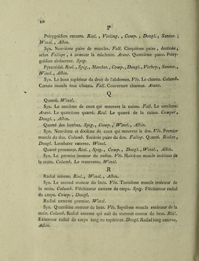 lÔ P Ptérygoïdien externe. Ripl. , Vesling, , Cowp. , Dougt., Santor. , tVinsl. y Albin. Syn. Neuvième paire de muscles. Fait. Cinquième paire , destinée, selon Fallope , à avancer la mâchoire. Arant. Quatrième paire. Pcéry- goïdien abducteur. Spig. Pyramidal. Riol., Spig., Marchet,, Cowp., Dougl., Vcrhey., Santor., Winsl., Albin. Syn. Le bout supérieur du droit de l’abdomen. Vis. Le charnu. Columb,^ Certain muscle tout charnu. Fall. Couverture charnue. Arant. Quarré. TVinsl, Syn. Le onzième de ceux qui meuvent la cuisse. Fall. Le onzième.’ Arant. Le quatrième quarré. Riol. Le quarré de la cuisse. Cowper y Dougl. , Albin. Quarré des lombes. Spig., Cowp., TVinsl., Albin. Syn. Neuvième et dixième de ceux qui meuvent le dos. Vés. Premier muscle du dos. Columb. Sixièm'e paire du dos. Fallop. Quarré. Riolan, Dougl. Lombaire externe. TVinsl. Quarré pronateur. Riol. , Spig., Cowp., Dougl., TVinsl., Albin. Syn. Le premier [moteur du radius. Vis. Huitième muscle intérieur de la main. Columb. Le transverse. TVinsl. R Radial interne. Riol., TVinsl. , Albin. Syn. Le second moteur du bras. T^és. Troisième muscle intérieur de la main. Columb. Fléchisseur externe du carpe. Spig. Fléchisseur radial du carpe. Cowp. , Dougl. Radial externe premier. TVinsl. Syn. Quatrième moteur du bras. Vis. Septième muscle extérieur de la main. Columb. Radial externe qui naît du sommet osseux du bras. RioJ. Extenseur radial du carpe long ou supérieur. Radial long externe. Albin.