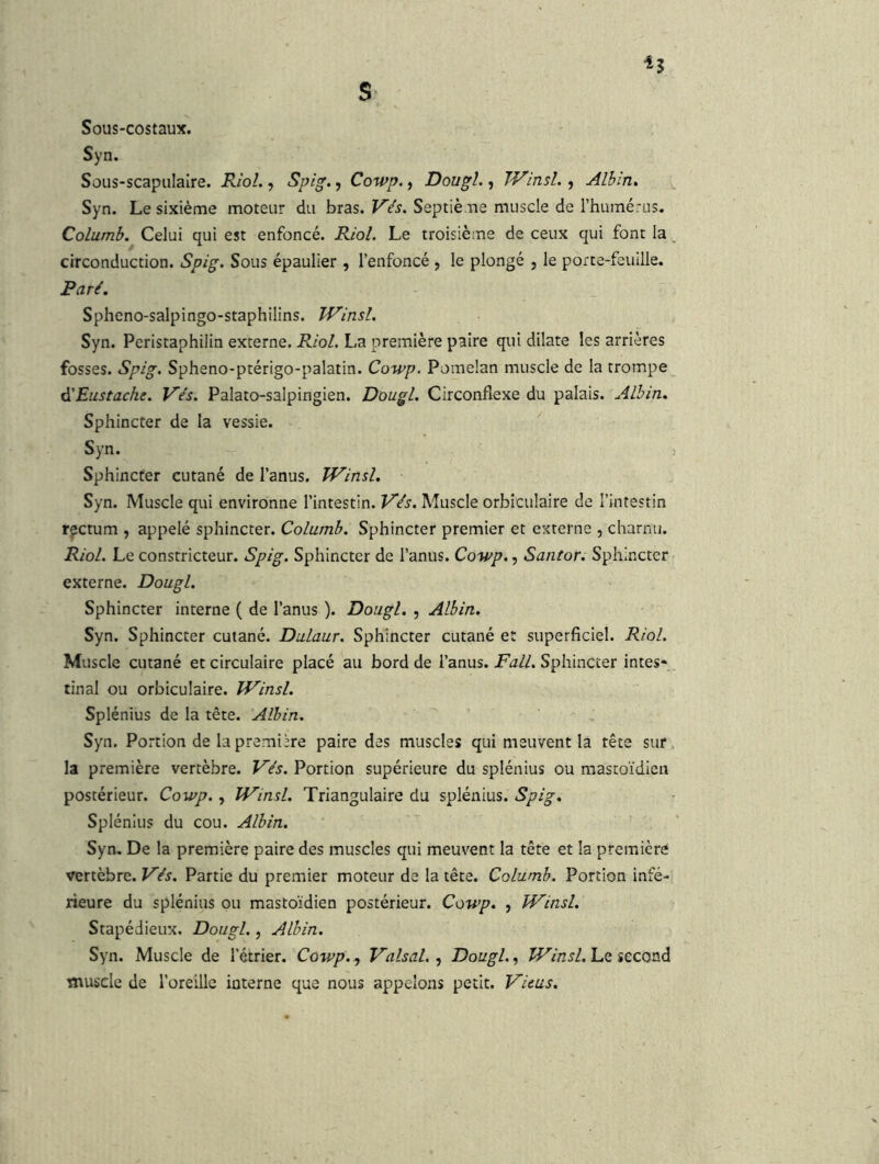 ^5 Sous-costaux. Syn. Sous-scapulaire. Riol., Spig- > Cowp., Dougl., IVinsL , Albin, Syn. Le sixième moteur du bras. Septième muscle de l’humérus. Columb. Celui qui est enfoncé. F\.iol. Le troisième de ceux qui font la circonduction. Spig, Sous épaulier , l’enfoncé , le plongé , le porte-feuille. Paré. Sphcno-salpingo-staphilins. JVinsl, Syn. Peristaphilin externe. Riol. La première paire qui dilate les arrières fosses. Spig. Spheno-ptérigo-palatin. Cowp. Pomelan muscle de la trompe ^Eustache, Vés. Palato-salpingien. Dougl. Circonflexe du palais. Albin, Sphincter de la vessie. Syn. Sphincter cutané de l’anus. Winsl. Syn. Muscle qui environne l’intestin. Vés. Muscle orbiculaire de l’intestin rectum , appelé sphincter. Columb. Sphincter premier et externe , charnu. Riol. Le constricteur. Spig. Sphincter de l’anus. Cowp., Santor. Sphincter externe. Dougl. Sphincter interne ( de l’anus ). Dougl. , Albin. Syn. Sphincter cutané. Dulaur. Sphincter cutané et superficiel. Riol. Muscle cutané et circulaire placé au bord de l’anus. Fall. Sphincter intes- tinal ou orbiculaire. Winsl. Splénius de la tête. Albin. Syn. Portion de la première paire des muscles qui meuvent la tête sur la première vertèbre. Fés. Portion supérieure du splénius ou mastoïdien postérieur. Cowp., Winsl. Triangulaire du splénius. Spig. Splénius du cou. Albin. Syn, De la première paire des muscles qui meuvent la tête et la premicré vertèbre. Vés. Partie du premier moteur de la tête. Columb. Portion infé- rieure du splénius ou mastoïdien postérieur. Cowp, , Winsl. S tapé dieux. Dougl., Albin. Syn. Muscle de l’étrier. Cowp.^ Valsai. Dougl. Le second muscle de roreillc interne que nous appelons petit. Vieus.