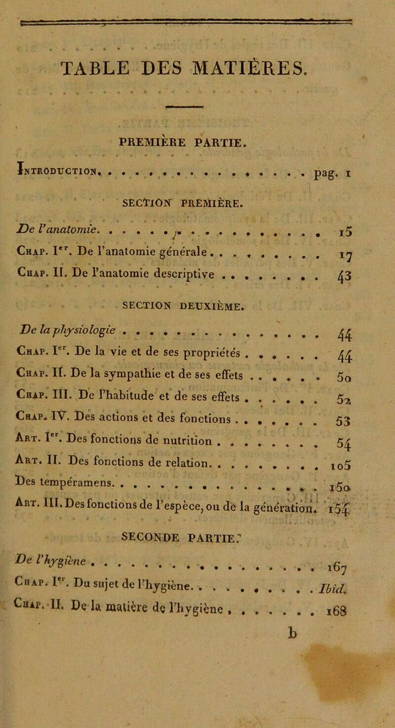 PREMIÈRE PARTIE. Introduction. SECTION PREMIÈRE. De l’anatomie )m . . Chap. Ier. De l’anatomie générale . Chap. II. De l’anatomie descriptive SECTION DEUXIÈME. pag. I i5 *7 43 De la physiologie Chap. Ier. De la vie et de ses propriétés . Chap. II. De la sympathie et de ses effets Chap. III. De l’habitude et de ses effets . Chap. IV. Des actions et des fonctions . . Art. Ier. Des fonctions de nutrition . . . Art. II. Des fonctions de relation. . . . Des tempéramens Art. III, Des fonctions de l’espèce, ou de la 44 • 9 • • • ^ • • • • • 5o • • • • • 5ü • • • • • 53 • 54 io5 * • . » . 15o génération. i5£ SECONDE PARTIE: De l'hygiène Chap. I . Du sujet de l’hygiène. . . . , Chap. II, De la matière de l’hvgiène , , 167 Ibid. 168 b