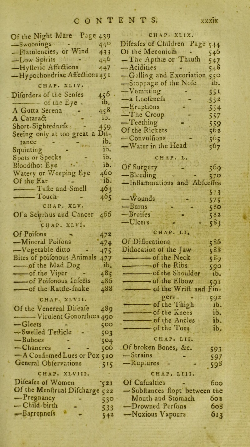 Of the Night Mare Page +39 —Swoonings - 440 — Flatulencies, or Wind 43 3 .—Low Spirits - 446 —Hyfteric Aff'edions 447 —Hypochondriac Affedlior.s 451 CHAP. XLIV. Diforders of the Senfes 456 of the Eye , ih. A Gutta Serena - 458 A Cataradl - ib. Short-Sightednefs - 459 Seeing only at too great a Dil- tance - - ib. Squinting - ib. Spots or Specks - ib. Bloodihot Eye ib. Watery or Weeping Eye 460 Of the Ear - ib. Tafte and Smell 463 Touch - 465 CHAP. XLV. Of a Scirrhus and Cancer 466 ViJAP. XLVI. Of Poifons - 47Z —Mineral Poifons *474 .—Vegetable ditto - 475 Bites of poifonous Animals 477 of the Mad Dog ib. —1—of the Viper - 485 — --of Poifonous Infedls 486 of the Rattle-fnake 488 CHAP. XLVII. Of the Venereal Dileafe 489 Virulent Gonorrhoea 490 —Gleets - 500 -.-Swelled Teflicle - 503 —Buboes - 504 — Chancres - - 506 — A Confirmed Lues or Pox 510 General Obfervations 515 CHAP. XLVIII. Difeafes of Women Of the Menllrual Difcharge — Pregnancy .— Child-birth --Baj-repnefs ' '521 5 22 53° 533 542 CH AP. XLIX. Difeafes of Children Page 544 Of the Meconium - 546 — The ApthiE or Thrufh 547 — Acidities - 54S — Galling and Excoriation 550 —Steppage of the Nofe ib. —Vomitting - 551 —a Loofenefs - 552 —Eruptions - 554 —The Croup - 557 —Teething - 559 Of the Rickets 562 .— Convulfions - 565 —Water in the Head 567 CHAP. L. Of Surgery - 569 — Bleeding - - 570 —Inflammations and Abfeeffes 55 —Wounds - 57; —Burns - - 580 — Bruifes - 582 —Ulceis - * 5^3 CHAP. LI» Of Diflocations 586 Diflocation of the Jaw 588 — of the Neck 589 — of the Ribs 590 ————of the Shoulder ib. ——•of the Elbow 591 —: of the Wrill and Fin- gers - 592 —■ ■ ■ of the Thigh ib. ^—of the Knees ib. ———of the Ancles ib. — — pf the Toes ib. CHAP. Lit. Of broken Bones, .Sec. 593 — Strains - c97 —Ruptures - - 598 CHAP. LIII. Of Cafualtics - 600 —'Subftances ftopt between the Mouth and Stomach 6oz —Drowned Perfons 608 —Noxious Vapours 613