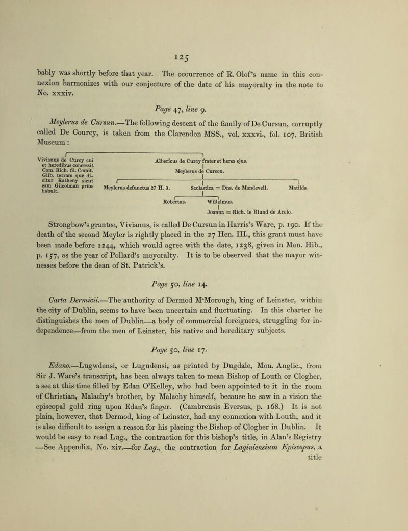 bably was shortly before that year. The occurrence of R. Olof’s name in this con- nexion harmonizes with our conjecture of the date of his mayoralty in the note to No. xxxiv. Page 47, line 9. Meylerus de Cursun.—The following descent of the family of De Cursun, corruptly called De Courcy, is taken from the Clarendon MSS., vol. xxxvi., fol. 107, British Museum: I ! ~ ' Vivianus de Curcy cui Albericus de Curcy frater et heres ejus, et heredibus concessit j Com. Rich. fil. Comit. Meylerus de Curson. Gilb. terram que di- ] citur Ratheny sicut ( — j \ ^m Gilcolman prius Meylerus defunctus 27 H. 3. Scolastica = Dns. de Mandevell. Matilda, habuit. j Robertus. Willelmus. Joanna = Rich, le Blund de Ardo. Strongbow’s grantee, Vivianus, is called De Cursun in Harris’s Ware, p. 190. If the death of the second Meyler is rightly placed in the 27 Hen. HI., this grant must have been made before 1244, which would agree with the date, 1238, given in Mon. Hib., p. 157, as the year of Pollard’s mayoralty. It is to be observed that the mayor wit- nesses before the dean of St. Patrick’s. Page 50, line 14. Carta Dermicii.—The authority of Dermod M‘Morough, king of Leinster, within the city of Dublin, seems to have been uncertain and fluctuating. In this charter he distinguishes the men of Dublin—a body of commercial foreigners, struggling for in- dependence—from the men of Leinster, his native and hereditary subjects. Page 50, line 17. Edano.—Lugwdensi, or Lugudensi, as printed by Dugdale, Mon. Anglic., from Sir J. Ware’s transcript, has been always taken to mean Bishop of Louth or Clogher, a see at this time filled by Edan O’Kelley, who had been appointed to it in the room of Christian, Malachy’s brother, by Malachy himself, because he saw in a vision the episcopal gold ring upon Edan’s finger. (Cambrensis Eversus, p. 168.) It is not plain, however, that Dermod, king of Leinster, had any connexion with Louth, and it is also difficult to assign a reason for his placing the Bishop of Clogher in Dublin. It would be easy to read Lug., the contraction for this bishop’s title, in Alan’s Registry •—See Appendix, No. xiv for Lag., the contraction for Laginiensium Episcopus, a title