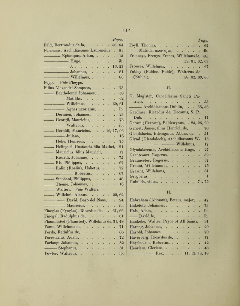 Page. I Feld, Bertrandus de la, .... 58, 64 Fernensis, Archidiaconus Laurencius . 81 Episcopus, Adam, .... 15 Hugo, ib. J 16,23 Johannes, 81 Willelmus, 86 Feypo. Vide Pheypo. Filius Alexandri Sampson 73 Bartholomei Johannes 58 Matildis, 62 Willelmus, .... 60, 61 Agnes uxor ejus, . . . . ib. Dermicii, Johannes, .... 23 Georgii, Mauricius, 73 Walter us, ib. Geroldi, Mauricius, . . 16, 17, 96 Juliana, 16 Helie, Henricus, 75 Helingeri, Gustancia filia Mathei, 21 Mauricius, filius Mauricii, . . 17 Ricardi, Johannes, 75 Ris, Philippus, 67 Rolin (Roelin), Haketus, ... 72 Robertus, .... 67 Stephani, Philippus, .... 48 Thome, Johannes 16 Walteri. Vide Walteri. Willelmi, Alanus, .... 22, 62 David, Baro del Naas, . . 24 Mauricius, ib. Fineglas (Fynglas), Ricardus de, . 61, 66 Finogal, Radulphus de 61 Flammested (Flamsted), Willelmus de, 31, 48 Fonte, Willelmus de 71 Forda, Radulfus de, 86 Forestarius, Adam, 72 Forlong, Johannes, 82 Stephan us, 81 ! Fowler, Walterus, ib. I Page. Foyll, Thomas, 62 Matilda, uxor ejus, ib. Frenneys, Freny.s, Frenes, Willelmus le, 58, 59, 61, 62, 63 Fronces, Willelmus, 67 Fubley (Fublee, Fuble), Walterus de (Ruble!) 58, 62, 63, 66 G. G. Magister, Cancellarius Sancti Pa- tricii, 55 Archidiaconus Dublin, , . 55, 56 Gardiner, Ricardus de. Decanus, S. P. Dub 17 Geram (Gerram), Baldewynus, . 25, 26, 29 Gernet, James, filius Henrici, de, . . 70 Glendalacha, Edenigmus, Abbas, de, . 51 Glynd (Glendaloch), Archidiaconus W. 16 Willelmus, . 17 Glyndalacensis, Archidiaconus Hugo, . 27 Grantcourt, Rogerus 32 • Graunceter, Rogerus, 37 Graunt, Willelmus le, 45 Grawnt, Willelmus, 81 Gregorius, 1 Guinilda, vidua 74, 75 H. Habraham (Abraam), Petrus, major, . 47 Hakefote, Johannes, 73 Hals, Adam, ib. David le, ib. Hankoke, Walter, Pryor of All Saints, 91 Hareng, Johannes 29 Harold, Johannes, 70 Haverberg, Ricardus de, 17 Haysbourne, Robertus, 42 ! Henricus, Clericus, 48 i Rex, ... 11, 12, 14, 18