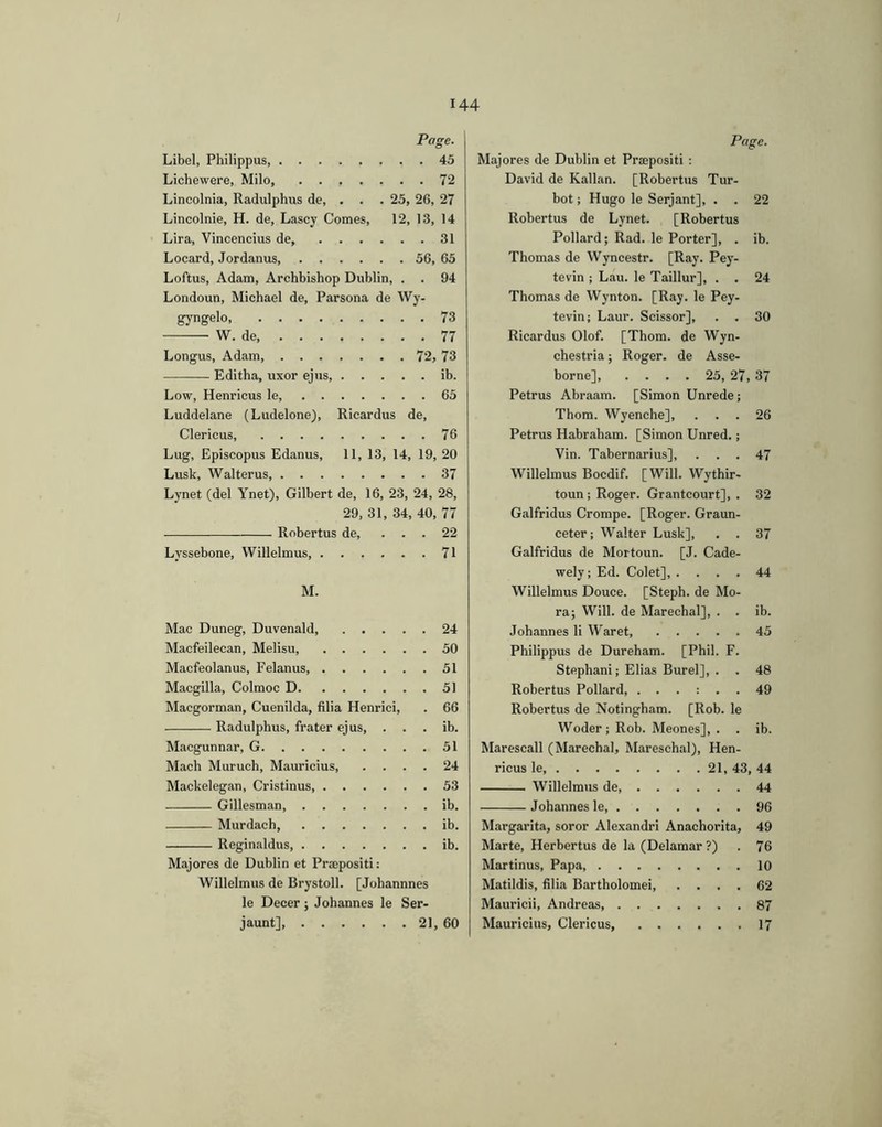 Page. Libel, Philippus, 45 Lichewere, Milo, 72 Lincolnia, Radulphus de, . . . 25, 26, 27 Lincolnie, H. de, Lascy Comes, 12, 13, 14 Lira, Vincencius de, 31 Locard, Jordanus, 56, 65 Loftus, Adam, Archbishop Dublin, . . 94 Londoun, Michael de, Parsona de Wy- gyngelo 73 W. de, 77 Longus, Adam 72, 73 Editha, uxor ejus, ib. Low, Henricus le, 65 Luddelane (Ludelone), Ricardus de. Clericus 76 Lug, Episcopus Edanus, 11, 13, 14, 19, 20 Lusk, Walterus 37 Lynet (del Ynet), Gilbert de, 16, 23, 24, 28, 29, 31, 34, 40, 77 Robertus de, ... 22 Lyssebone, VVillelmus 71 M. Mac Duneg, Duvenald, 24 Macfeilecan, Melisu 50 Macfeolanus, Felanus, 51 Macgilla, Colmoc D 51 Macgorman, Cuenilda, filia Henrici, . 66 Radulphus, frater ejus, . . . ib. Macgunnar, G 51 Mach Muruch, Mauricius, .... 24 Mackelegan, Cristinus 53 Gillesman, ib. Murdach, ib. Reginaldus ib. Majores de Dublin et Prsepositi; Willelmus de Brystoll. [Johannnes le Decer j Johannes le Ser- jaunt] 21, 60 Page. Majores de Dublin et Prsepositi ; David de Kalian. [Robertus Tur- bot ; Hugo le Serjant], . . 22 Robertus de Lynet. [Robertus Pollard; Rad. le Porter], . ib. Thomas de Wyncestr. [Ray. Pey- tevin ; Lau. le Taillur], . . 24 Thomas de Wynton. [Ray. le Pey- tevin; Laur. Scissor], . . 30 Ricardus Olof. [Thom, de Wyn- chestria; Roger, de Asse- borne] 25, 27, 37 Petrus Abraam. [Simon Unrede; Thom. Wyenche], ... 26 Petrus Habraham. [Simon Unred.; Vin. Tabernarius], ... 47 Willelmus Bocdif. [Will. Wythir- toun; Roger. Grantcourt], . 32 Galfridus Crompe. [Roger. Graun- ceter; Walter Lusk], . . 37 Galfridus de Mortoun. [J. Cade- wely; Ed. Colet], .... 44 Willelmus Douce. [Steph. de Mo- ra; Will, de Marechal], . . ib. Johannes li Waret, 45 Philippus de Dureham. [Phil. F. Stephani; Elias Burel], . . 48 Robertus Pollard, ...:.. 49 Robertus de Notingham. [Rob. le Woder; Rob. Meones], . . ib. Marescall (Marechal, Mareschal), Hen- ricus le 21, 43, 44 Willelmus de, 44 Johannes le, ....... 96 Margarita, soror Alexandri Anachorita, 49 Marte, Herbertus de la (Delamar ?) . 76 Martinus, Papa, 10 Matildis, filia Bartholomei, .... 62 Mauricii, Andreas 87 Mauricius, Clericus, 17