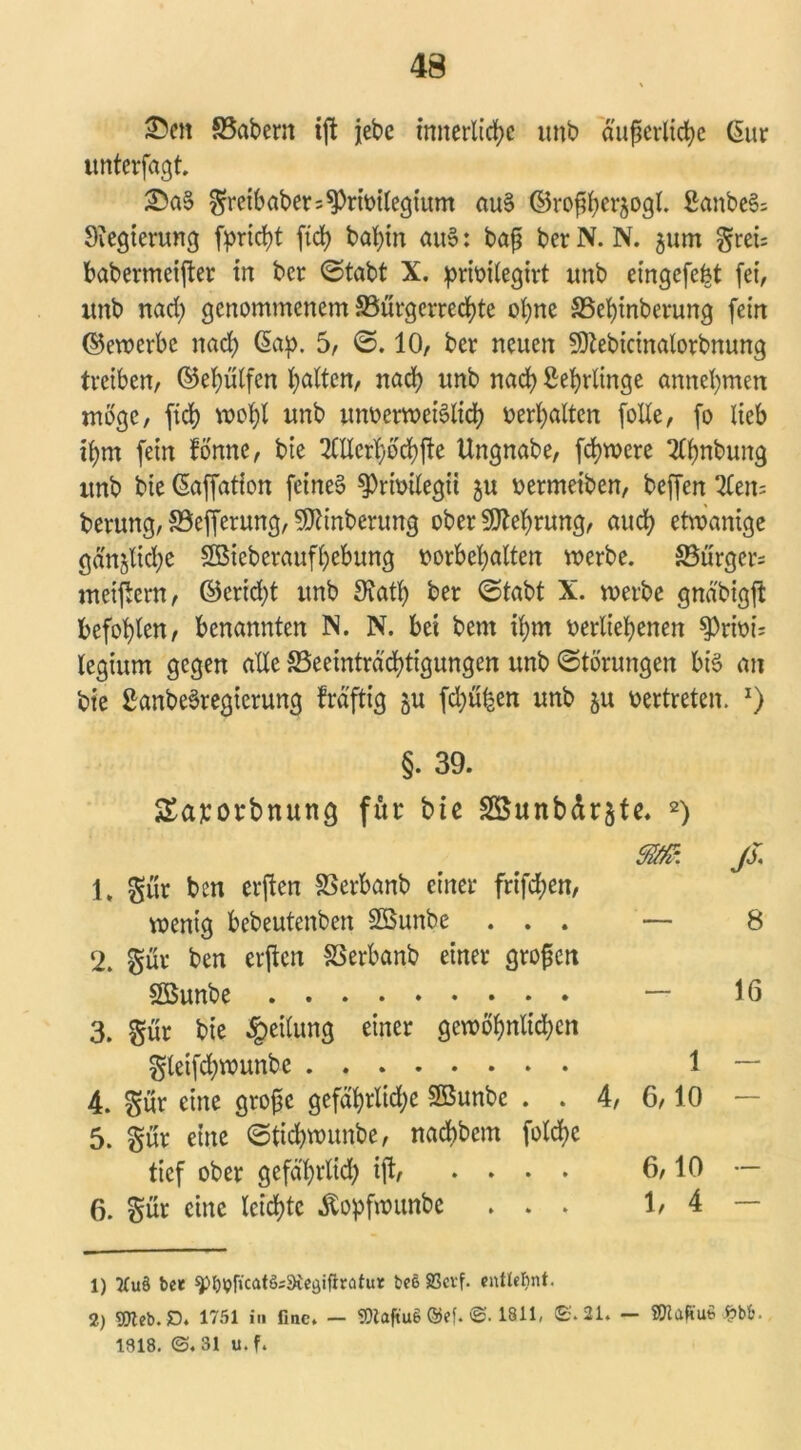 ©cn SBabern tft jebe innerliche imb äußerliche Gur unterfagt. £a§ greibabers^primlegium au§ (Sroßherjogl. ßanbeS; Siegterung fprtcht ftch bal)in au§: baß berN. N. 511m greis babermeijter in ber (Stabt X. prioilegirt unb eingefefet fei, imb nach genommenem ^Bürgerrechte ohne SSeßinberung fein (bewerbe nach Gap. 5, (S. 10, ber neuen SJlebictnalorbnung treiben, ©ehülfen halten, nadh imb nach Sehrtinge annehmen möge, fich wohl unb unoerweiSlich »erhalten folle, fo lieb ißm fein lönne, bie 2Merhöchfte Ungnabe, fchroere 2fhnbung itnb bie Gaffation feines 9)rroilegü 5U »ermetben, beffen 2len= berung, S3efferung, SRinberung ober Gehrung, auch etwantge gän^lidje SBieberaufhebung Vorbehalten werbe. 5Bürger= meinem, ©erid;t unb Sfath ber (Stabt X. werbe gndbigft befohlen, benannten N. N. bei bem ihm verliehenen §)rwis tegium gegen alle ^Beeinträchtigungen unb (Störungen bis au bie SanbeSregierung fräftig fd;ühen unb &u vertreten. J) §. 39. Saporbnung für bie 2öunbdr$te. 1 2) m. ß 1. gür ben erften SSerbanb einer frifd;en, wenig bebeutenben SOBunbe ... — 8 2. gut ben erßen SSerbanb einer großen Sßunbe . - 16 3. gür bie Teilung einer gewöhnlichen gleifchwunbe 1 — 4. gür eine große gefährlid;e 2öunbc . . 4, 6/10 — 5. gür eine (Stichwunbe, naebbem folche tief ober gcfä'hrlid) ift/ .... 6/10 — 6. gür eine leichte Äopfwunbe ... 1, 4 — 1) 3Cu3 bee ^IwfkatösSieaifiratur fceß 23cvf. entlefint. 2) TDleb.V. 1751 in fiae. — SDtaftuS ®ef. ©• 1811, ©. 21. — ©laftuß £bb. 1918. @.31 u.f.