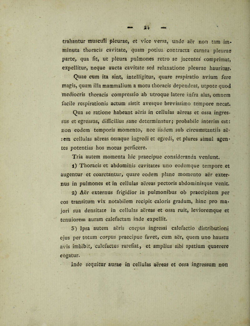 trahantur musculi pleurae, et vice versa, unde aer non tam im- minuta thoracis cavitate, quam potius contracta carnea pleurae parte, qua fit, ut pleura pulmones retro se jacentes comprimat, expellitur, neque aucta cavitate sed relaxatione pleurae hauritur. Quae cum ita sint, intelligitur, quare respiratio avium fere magis, quam illa mammalium a motu thoracis dependeat, utpote quod mediocris thoracis compressio ab utroque latere infra alas, omnem facile respirationis actum sistit avesque brevissimo tempore necat. Qua se ratione habeant acris in cellulas aereas et ossa ingres- sus et egressus, difficilius sane determinatur; probabile interim est: non eodem temporis momento, ncc iisdem sub circumstantiis ae- lem cellulas aereas ossaque ingredi et egredi, et plures simul agen- tes potentias hos motus perficere. Tria autem momenta hic praecipue consideranda veniunt. 1) Thoracis et abdominis cavitates uno eodemque tempore et augentur et coarctantur, quare eodem plane momento aer exter- nus in pulmones et in cellulas aereas pectoris abdominisque venit. 2) Aer externus frigidior in pulmonibus ob praecipitem per eos transitum vix notabilem recipit caloris gradum, hinc pro ma- jori sua densitate in cellulas aereas et ossa ruit, levioremque et tenuiorem auram calefactam inde expellit. 5) Ipsa autem aeris corpus ingressi calefactio distributioni ejus per totum corpus praecipue favet, cum aer, quem uno haustu avis imbibit, calefactus rarefiat, et amplius sibi spatium quaerere cogatur. Inde sequitur aurae in cellulas aereas et ossa ingressum non