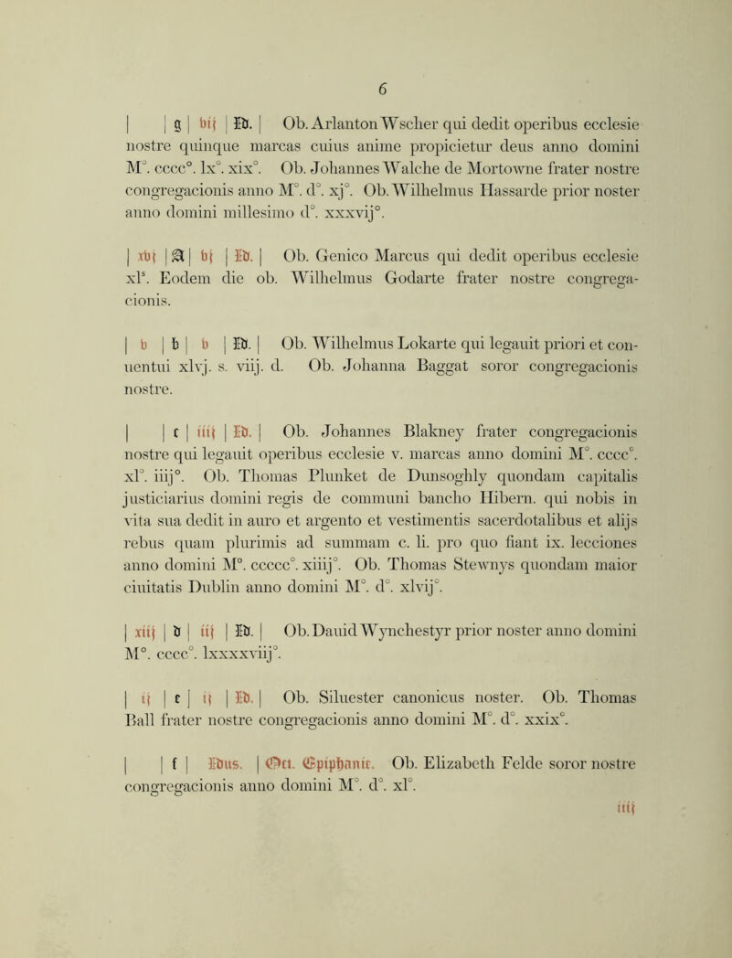 j g | bq Eb. j Ob. ArlantonWsclier qui dedit operibus ecclesie nostre quinque marcas cuius anime propicietur deus anno domini M cccc°. lx°. xix°. Ob. Johannes Walche de Mortowne frater nostre congregacionis anno M°. dJ. xj°. Ob. Wilhelmus Hassarde prior noster anno domini millesimo d°. xxxvij0. j xb? | & | bj | Eb. | Ob. Genico Marcus qui dedit operibus ecclesie xls. Eodem die ob. Wilhelmus Godarte frater nostre congrega- cionis. b J b | b | Eb. | Ob. Wilhelmus Lokarte qui legauit priori et con- uentui xlvj. s. viij. d. Ob. Johanna Baggat soror congregacionis nostre. | t | inj | Eb. [ Ob. Johannes Blakney frater congregacionis nostre qui legauit operibus ecclesie v. marcas anno domini M°. ccccf xl°. iiij°. Ob. Thomas Plunket de Dunsoghly quondam capitalis justiciarius domini regis de communi bancho ITibern. qui nobis in vita sua dedit in auro et argento et vestimentis sacerdotalibus et alijs rebus quam plurimis ad summam c. li. pro quo fiant ix. lecciones anno domini M°. ccccc0. xiiij°. Ob. Thomas Stewnys quondam maior ciuitatis Dublin anno domini M°. d°. xlvij\ | xitj | b i it( | Eb. | Ob.DauidWynchestyr prior noster anno domini M°. cccc°. lxxxxviij0. i( | r [ 11 | Eb. | Ob. Siluester canonicus noster. Ob. Thomas Ball frater nostre congregacionis anno domini M°. d°. xxix°. | f | Ebus. | <^ti. (JEpipljanit. Ob. Elizabeth Felde soror nostre congregacionis anno domini M°. d°. xl . O O