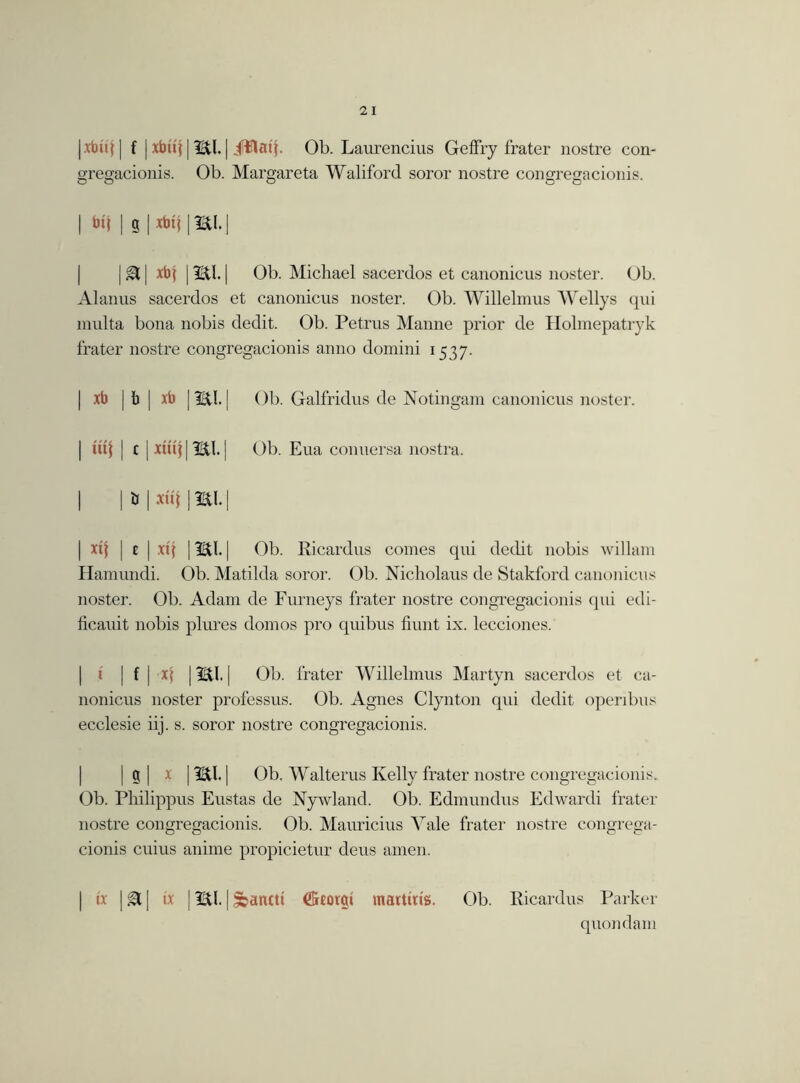 |xbu$| f | Jtbuf 13Btl. | iWflif. Ob. Laurencins Geffry frater nostre con- gregacionis. Ob. Margareta Waliford soror nostre congregacionis. | S | | HI. | | gt | xbf j 3£tl. | Ob. Michael sacerdos et canonicus noster. Ob. Alanus sacerdos et canonicus noster. Ob. Willelmus Wellys qui multa bona nobis dedit. Ob. Petrus Manne prior de Holmepatryk frater nostre congregacionis anno domini 1537. | xb [ b | xb | Hil. j Ob. Galfridus de Notingam canonicus noster. | utj | c | xiiif | I&l. [ Ob. Eua conuersa nostra. | | iJ | xii} ] 2&I. | | ill [ £ | xq 1| Ob. Ricardus comes qui dedit nobis willam Hamundi. Ob. Matilda soror. Ob. Nicholaus de Stakford canonicus noster. Ob. Adam de Furneys frater nostre congregacionis qui edi- ficauit nobis plures domos pro quibus hunt ix. lecciones. | f | X} | LU. | Ob. frater Willelmus Martyn sacerdos et ca- nonicus noster professus. Ob. Agnes Clynton qui dedit operdms ecclesie iij. s. soror nostre congregacionis. | g | x 13£tl. | Ob. Walterus Kelly frater nostre congregacionis. Ob. Philippus Eustas de Nywland. Ob. Edmundus Edwardi frater nostre congregacionis. Ob. Mauricius Vale frater nostre congrega- cionis cuius anime propicietur deus amen. | ix |gt| ix |IBtl.|Sbanttt d&eorgi martins. Ob. Ricardus Parker quondam