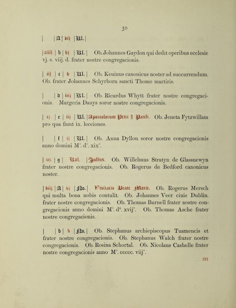 3° I |&|Wf |mi.| I xiiij | b | b{ | mi. | Ob. Johannes Gay don qui dedit operibus ecclesie vj. s. viij. d. frater nostre congregacionis. | «(j | c | b | mi. | Ob. Keuinns canonicus noster ad succurrendum. Ob. frater Johannes Schyrborn sancti Thome martiris. | ti | u«| | mi. | Ob. Ricardus Whytt frater nostre congregaci- onis. Margeria Dauys soror nostre congregacionis. | x{ | c | itj | mi. |^|iostolorum |3ctii | ^auli. Ob. Jeneta Fytzwillam pro qua hunt ix. lecciones. | f | ij | ml. | Ob. Anna Dyllon soror nostre congregacionis anno domini M°. d°. xix°. | xt.v f g | mal. | Julius. Ob. Willelmus Stratyn de Glassnewyn frater nostre congregacionis. Ob. Rogerus de Bedford canonicus noster. | lm| | gt | b{ | Ji,o. | >^isitacio Jjcatc Jtflarie. Ob. Rogerus Mersch qui multa bona nobis contuht. Ob. Johannes Veer ciuis Dublin, frater nostre congregacionis. Ob. Thomas Burnell frater nostre con- gregacionis anno domini M°. d°. xvij0. Ob. Thomas Asche frater nostre congregacionis. | b | b | jElo. | Ob. Stephanus archiepiscopus Tuamencis et frater nostre congregacionis. Ob. Stephanus Walch frater nostre congregacionis. Ob. Rosina Schortal. Ob. Nicolaus Cashelle frater nostre congregacionis anno Mb ccccc. viij'. vbr