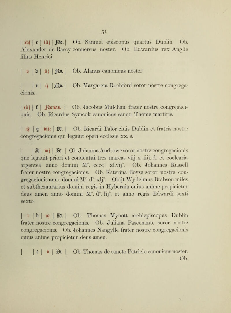 | xbf | c | mj | jEo. | Ob. Samuel episcopus quartus Dublin. Ob. Alexander de Rascy conuersus noster. Ob. Edwardus rex Anglie blius Henrici. ti | & | ud | jHLo. | Ob. Alanus canonicus noster. | £ | i\ | jTo. | Ob. Margareta Rochford soror nostre congrega- cionis. | xnf | f | Jlonns. | Ob. Jacobus Mulchan frater nostre congregaci- onis. Ob. Ricardus Symcok canonicus sancti Thome martiris. | i\ | g | btq | BJ. | Ob. Ricardi Talor ciuis Dublin et fratris nostre congregacionis qui legauit operi ecclesie xx. s. A [ btj | BJ. | Ob. Johanna Androwe soror nostre congregacionis que legauit priori et conuentui tres marcas viij. s. iiij. d. et coclearia argentea anno domini M°. cccc°. xl.vij0. Ob. Johannes Russell frater nostre congregacionis. Ob. Katerina Boyse soror nostre con- gregacionis anno domini M°. d°. xlj°. Obijt Wyllelmus Brabson miles et subthezaurarius domini regis in Hybernia cuius anime propicietur deus amen anno domini M°. d°. lij°. et anno regis Edwardi sexti sexto. x | 1) | tq | Bj. [ Ob. Thomas Mynott archiepiscopus Dublin frater nostre congregacionis. Ob. Juliana Pascenante soror nostre congregacionis. Ob. Johannes Nangylle frater nostre congregacionis cuius anime propicietur deus amen. | c | b | Bj. | Ob. Thomas de sancto Patricio canonicus noster. Ob.